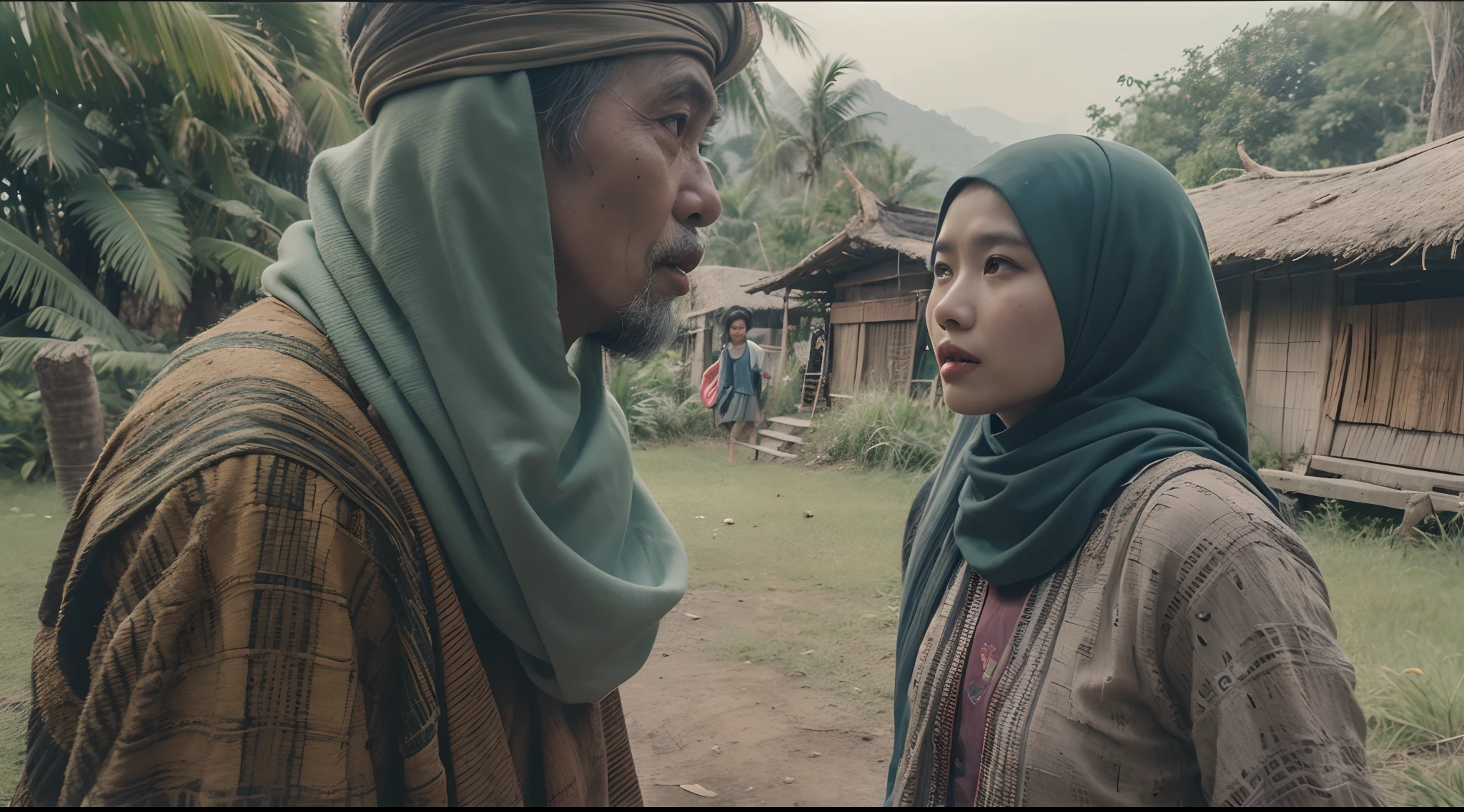 a film still of two malay people having an argument in malay village, 35mm, over-the-shoulder shot,cool-toned color grading, cinemascope, high quality, ultra detail, 8k resolution, --ar 16:9 --seed X