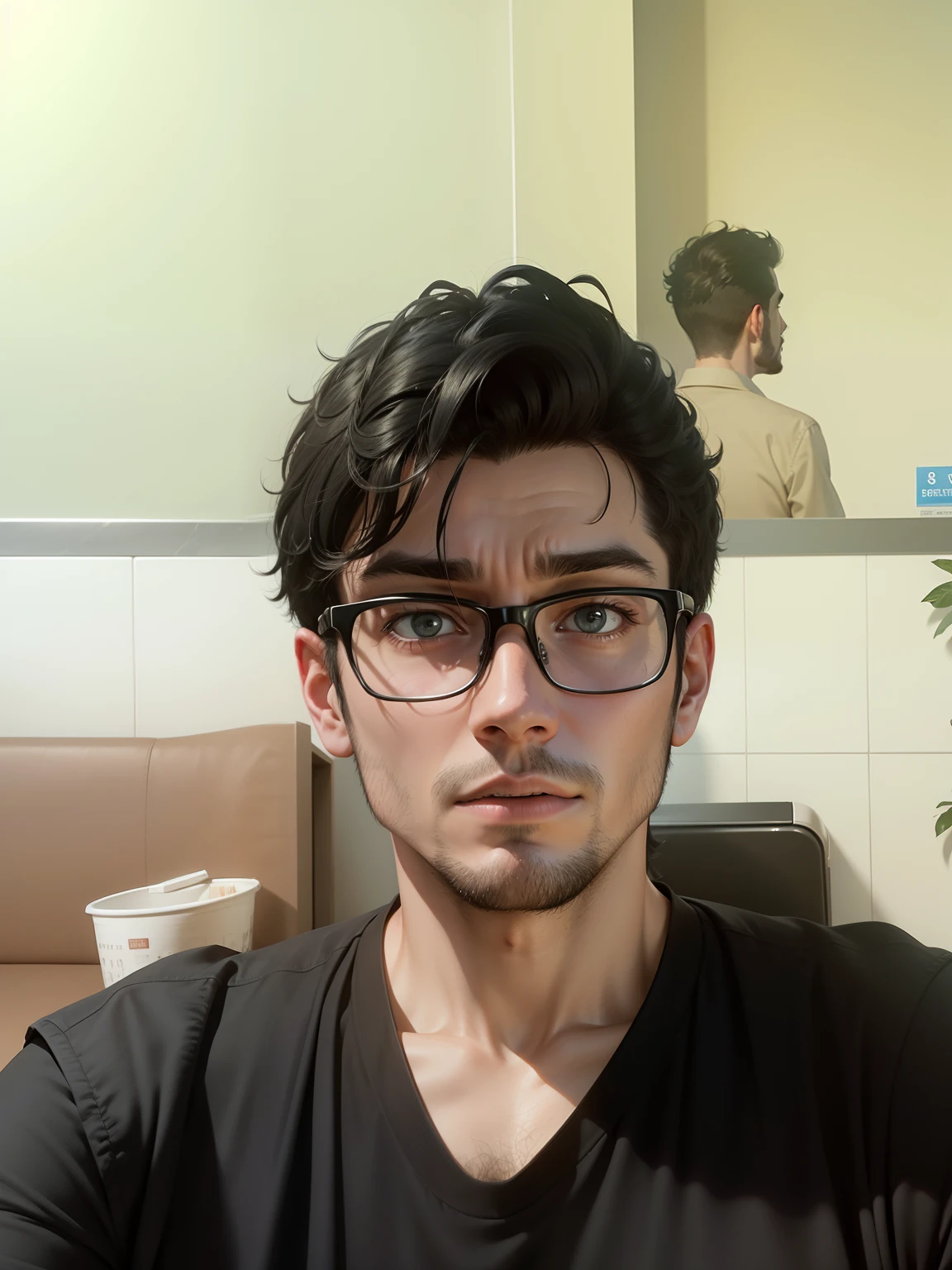 Realistic 8K image of a thin 23-year-old man, with short black hair, wearing a black blazer with a white blouse underneath, tense expression, walking in a decrepit hotel lobby. realistic face