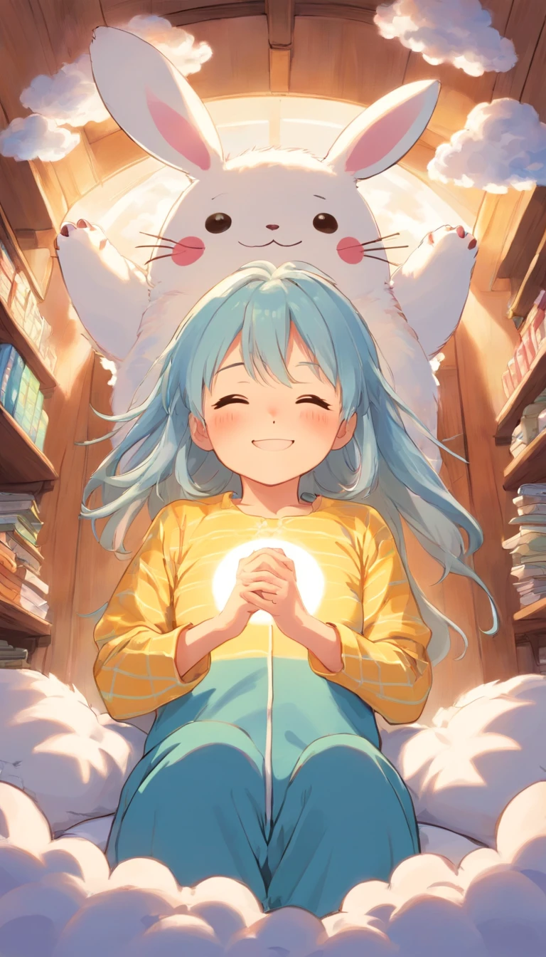 heal，Reject EMO，Very happy，Very happy，Face life with a smile，rays of sunshine，long whitr hair，Cloud pajamas，Lovely cloud pillows，Bunny pillow