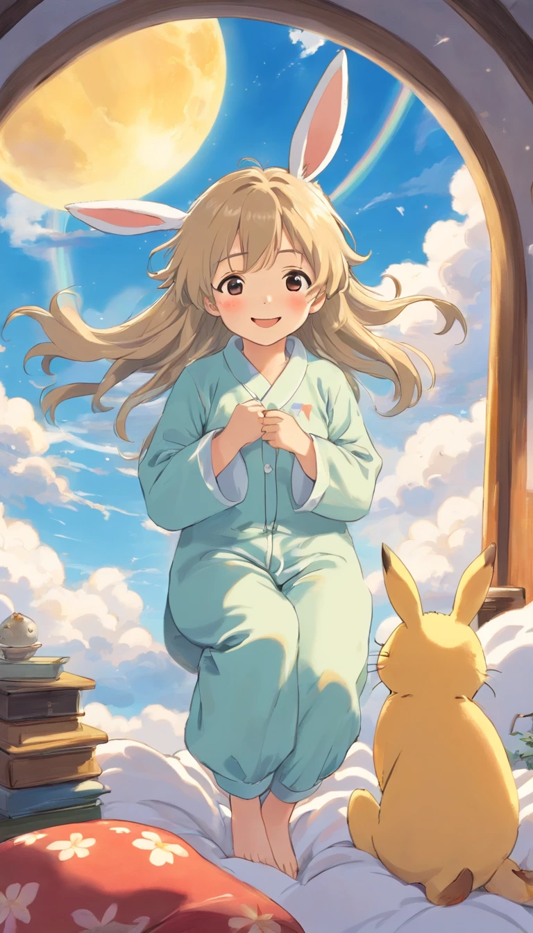 heal,Reject EMO,Very happy,Very happy,Face life with a smile,rays of sunshine,long whitr hair,Cloud pajamas,Lovely cloud pillows,Bunny pillow