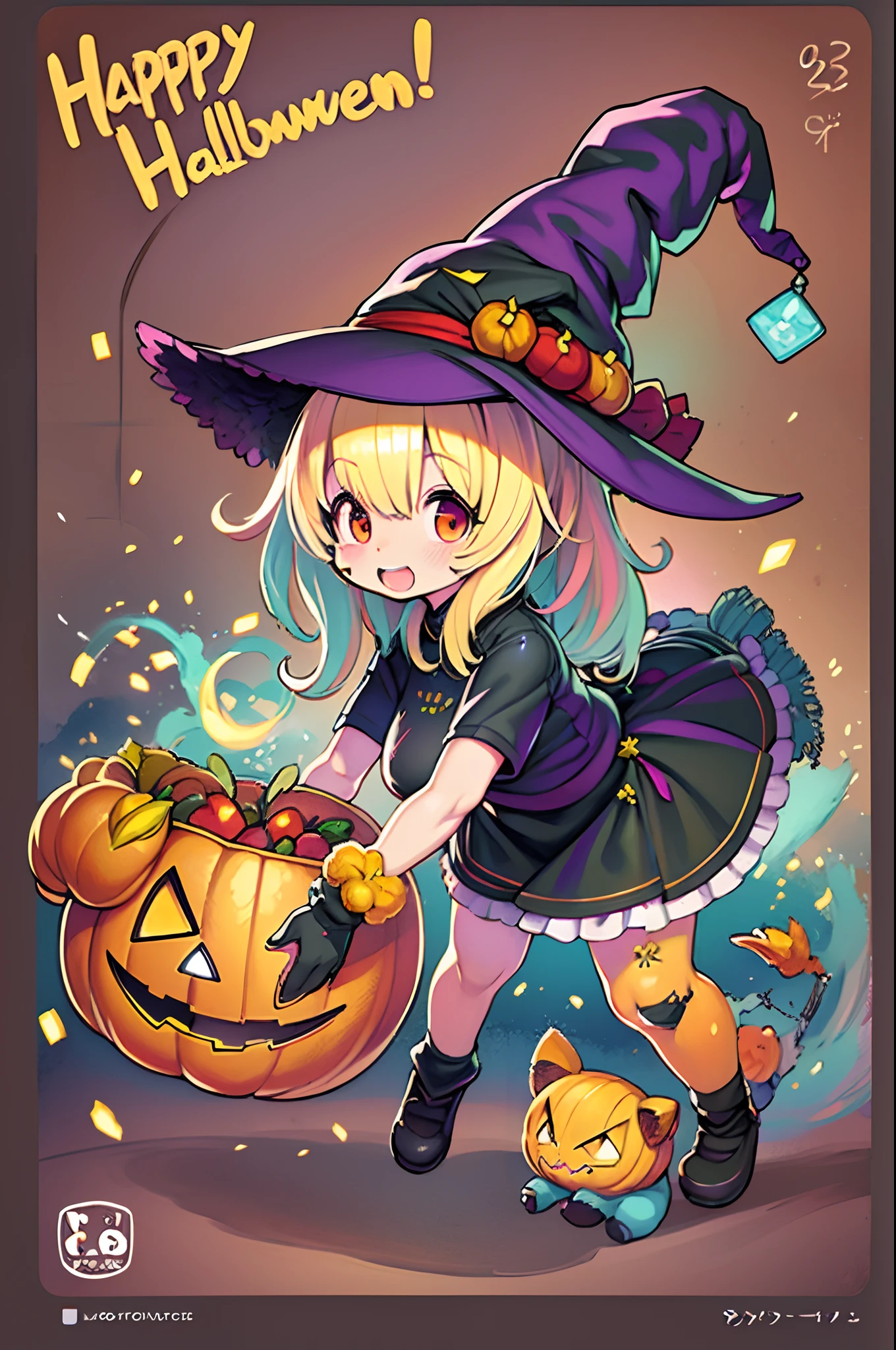 Charming Halloween 12 year old witch, Cartoon style, 2D, planar vector, Character Design, T-shirt design, Colorful splashes, Vector art, Fantasy Art, Watercolor effect,Digital Painting, white bg, 8K