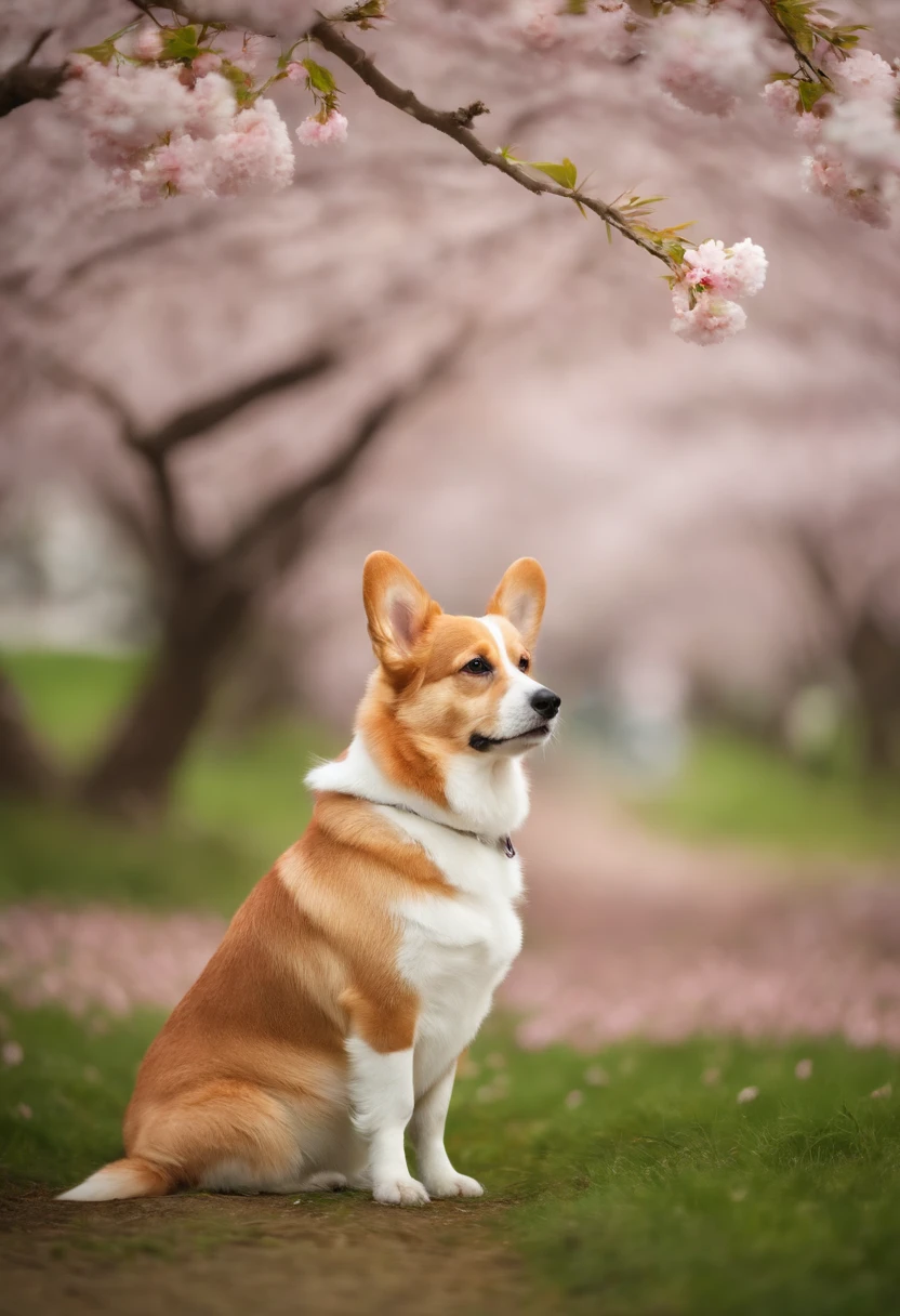A Corgi dog dressed in a cute dress and hat, standing upright beneath a cherry blossom tree. The surrounding area is filled with blooming cherry blossoms. The image style is soft, romantic, with a dreamy atmosphere, and a 3:4 aspect ratio.