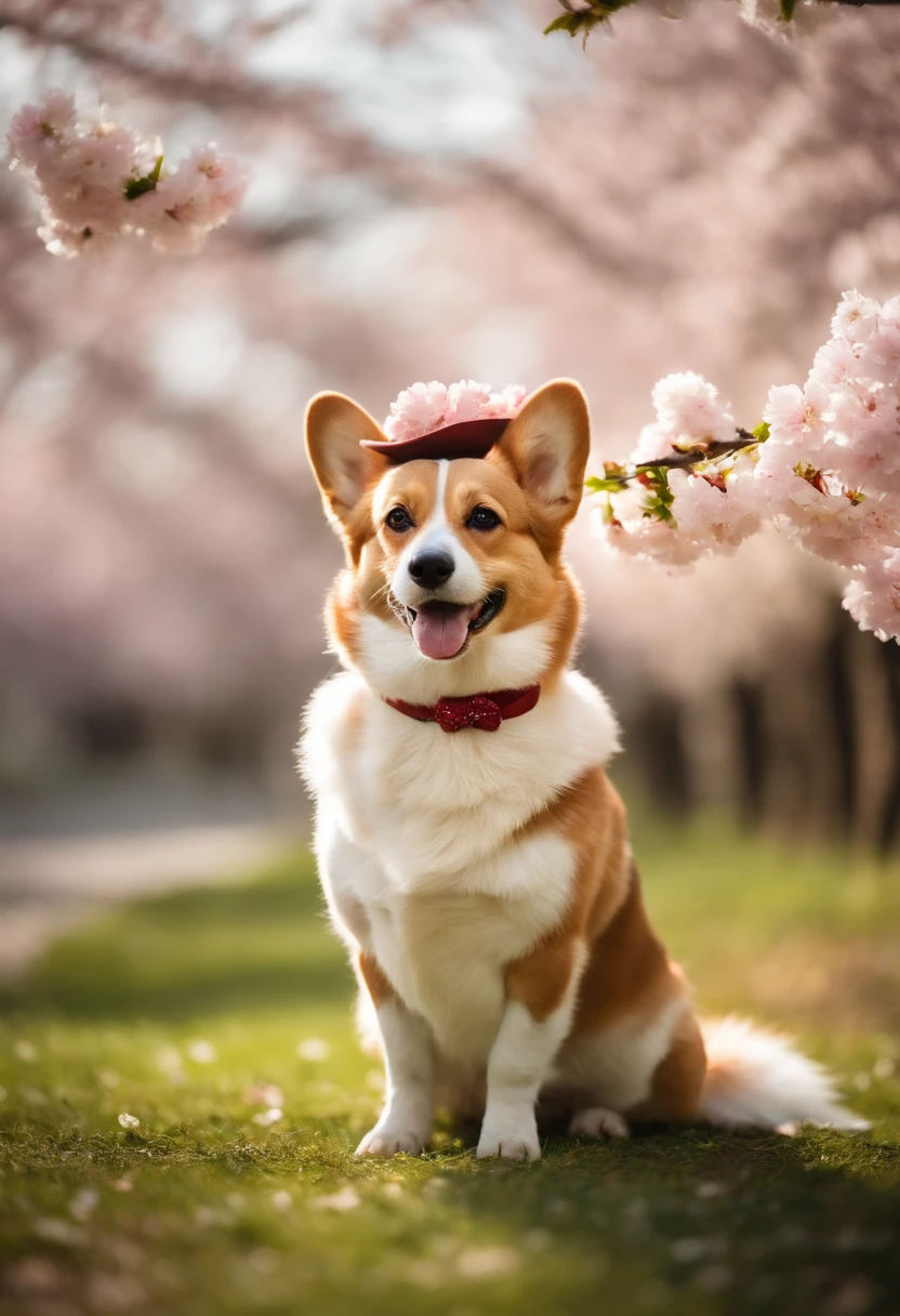 A Corgi dog dressed in a cute dress and hat, standing upright beneath a cherry blossom tree. The surrounding area is filled with blooming cherry blossoms. The image style is soft, romantic, with a dreamy atmosphere, and a 3:4 aspect ratio.