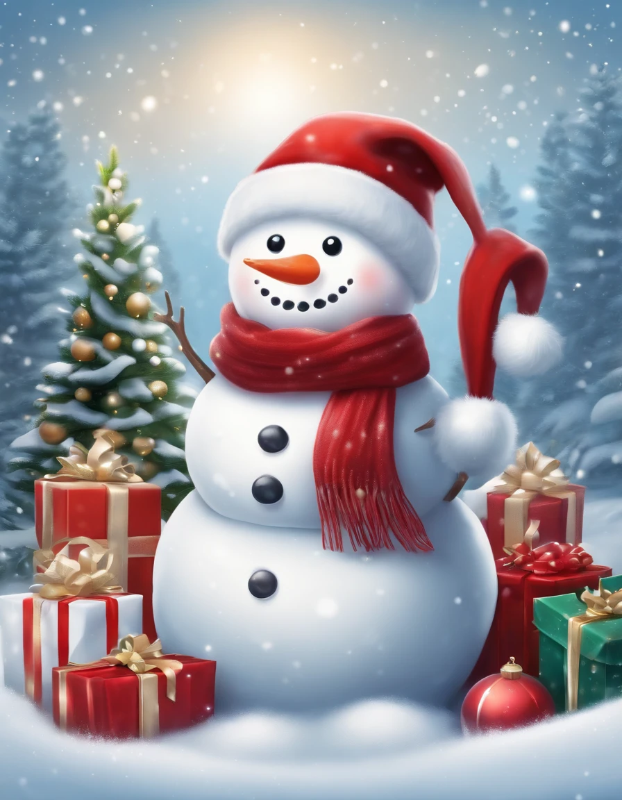 Create an adorable Christmas scene with a happy snowman wearing a Santa hat, surrounded by twinkling ornaments and a few wrapped presents in the snowy setting. Emphasize a joyful and heartwarming atmosphere in the design