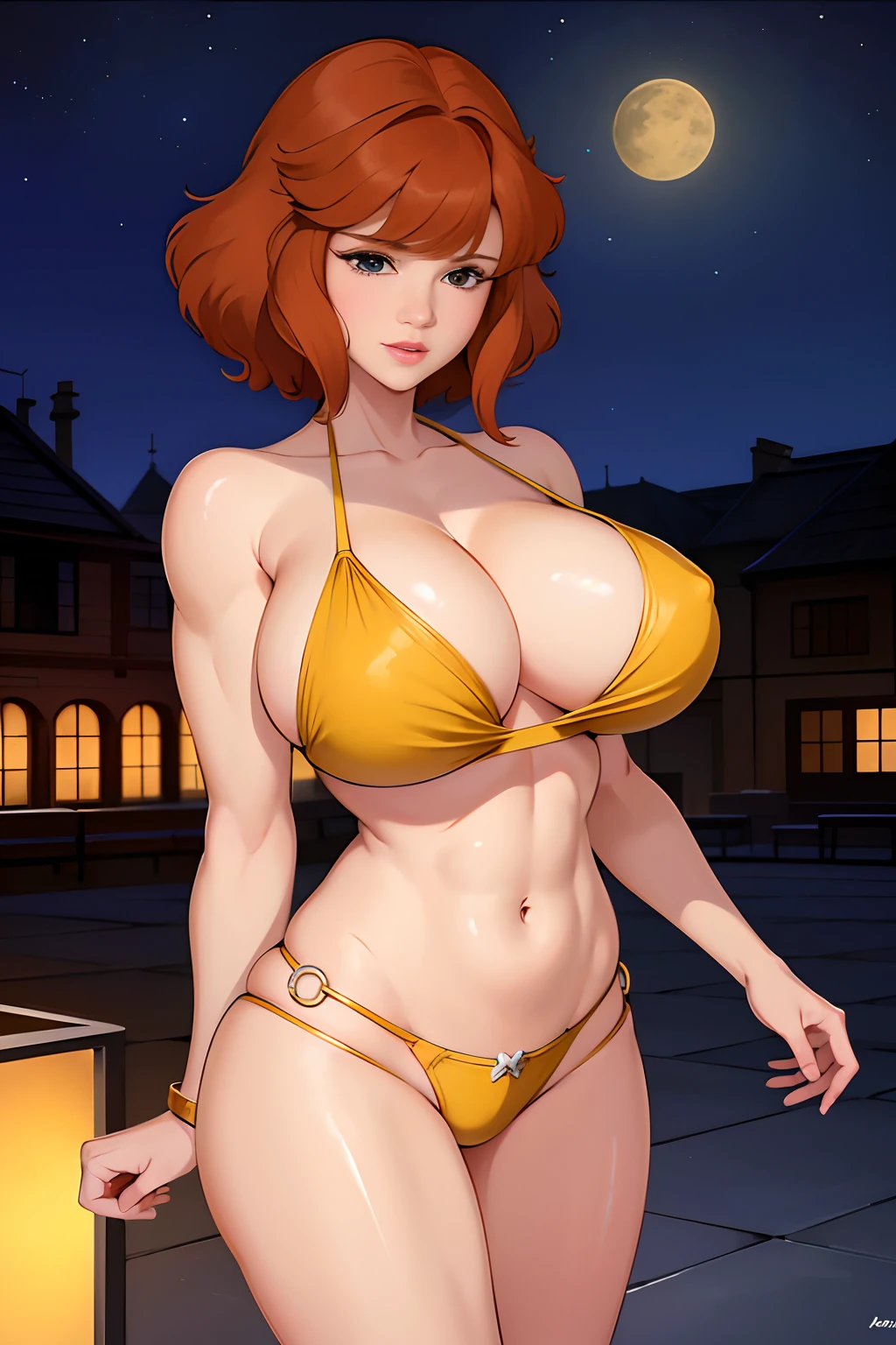 Cowboy shot, April O'Neill, 1980s \(style of\), 1girl, brown hair, orange hair, retro artstyle, Short hair, Yellow bikini, very large_pectorals, wide hips, cleavage, night city background, cute face, Protruding Breasts, nice hands, perfect arms, Torpedo boobs, Hypermuscular body, Very muscular girl, Super Huge Biceps,