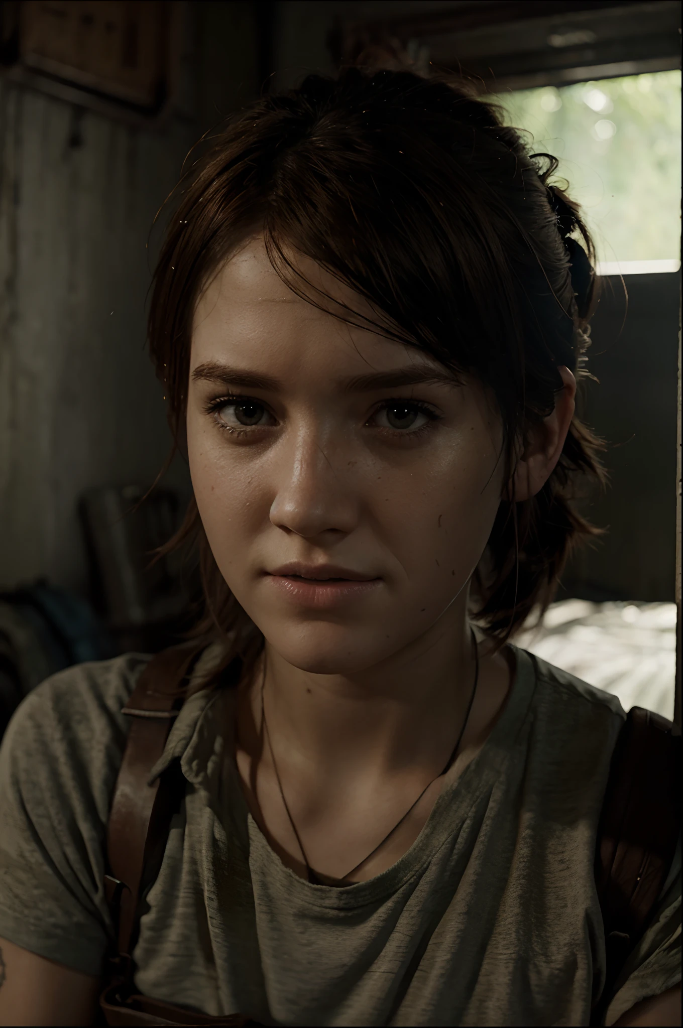 Ellie de the last of us, qui prend un selfie dans une ville abandonnée en souriant 