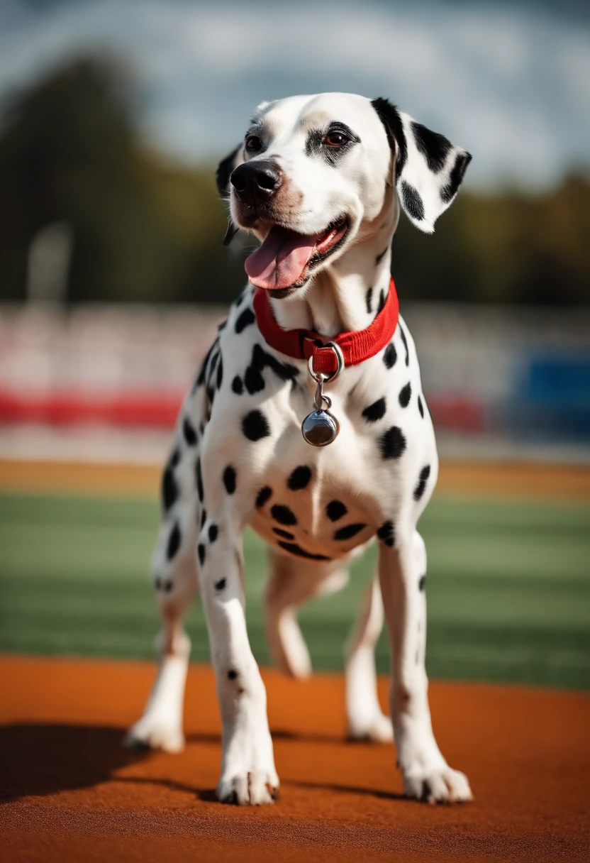 A Dalmatian dog dressed in trendy sportswear and wearing a sports cap, walking on its hind legs on a sports field. The image style is energetic and sporty, with a 4:5 aspect ratio.