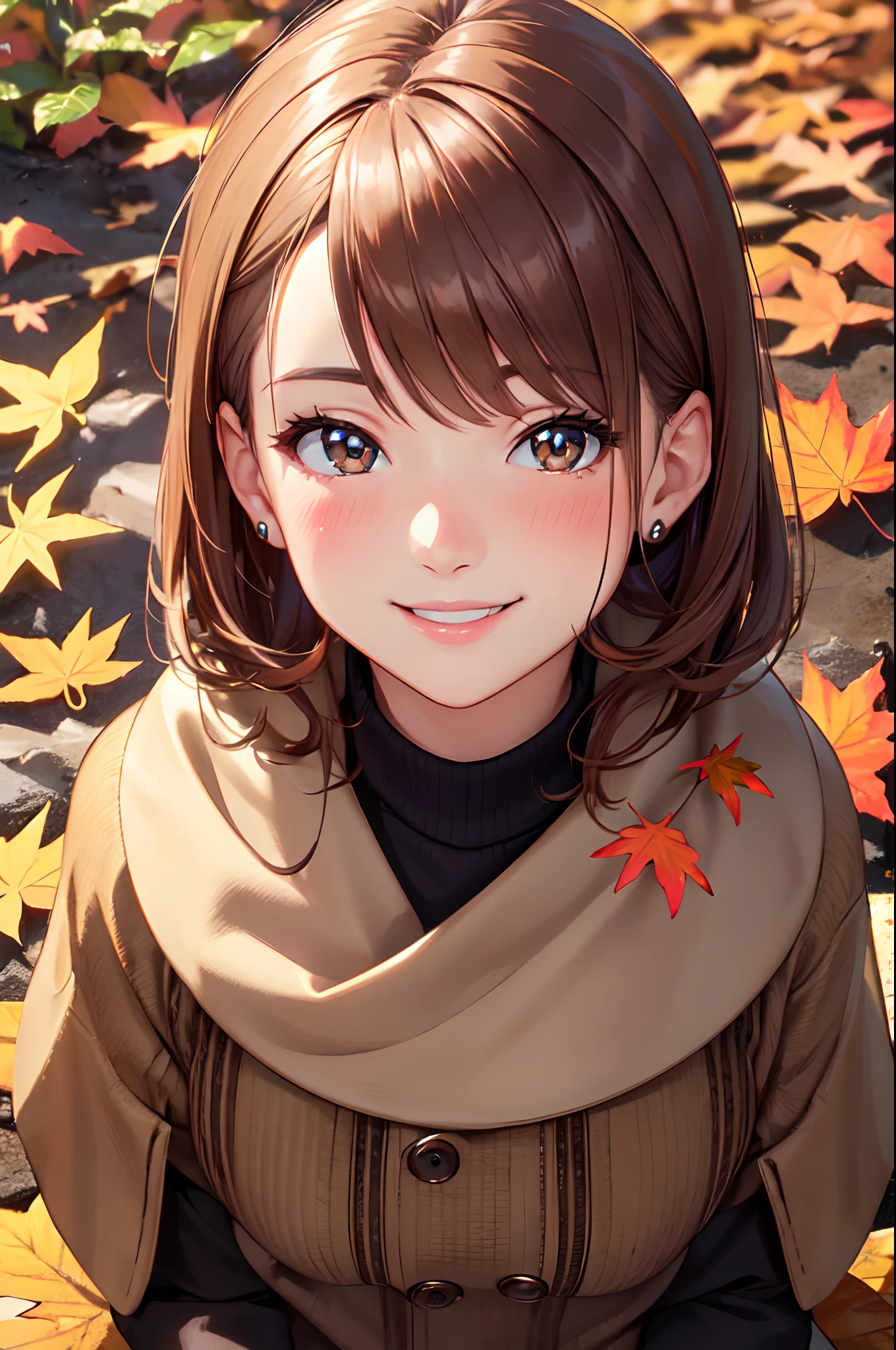 (High quality, High resolution, Fine details, Realistic), fall leaf viewing, Autumn Clothing, solo, Adult Woman, sparkling eyes, smile, blush, Looking Up, Oily skin, full body
