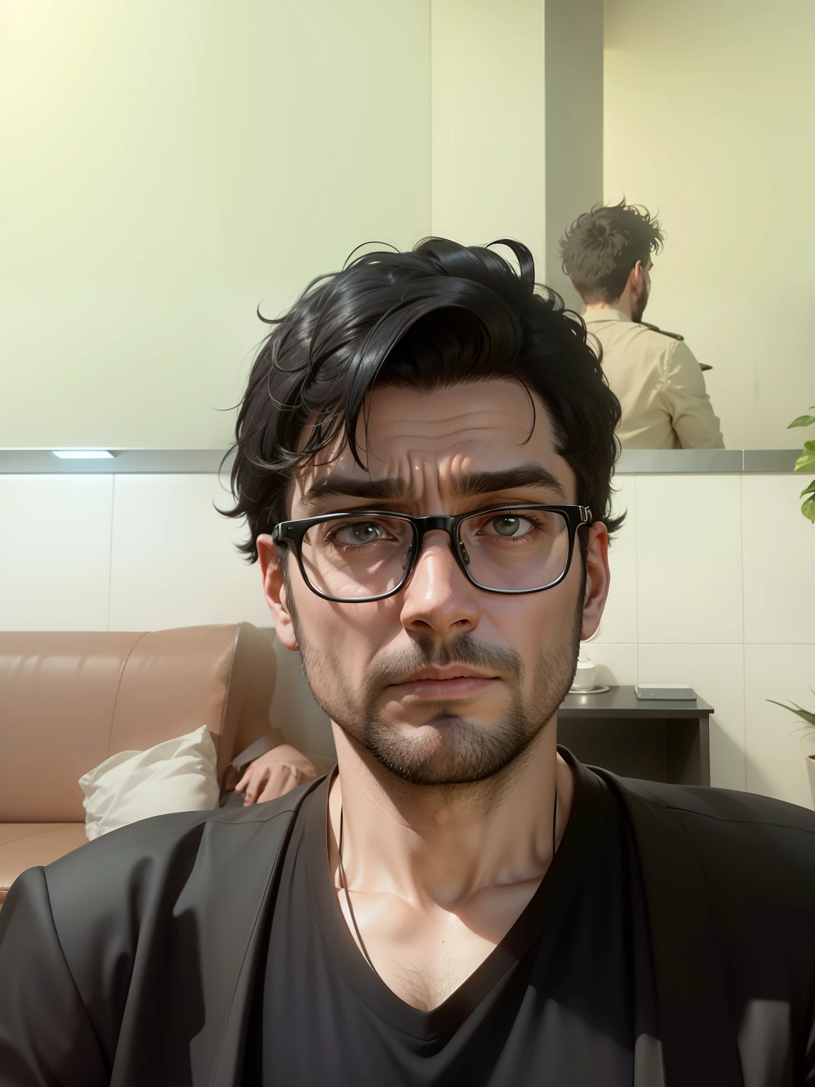 Realistic 8K image of a thin 30-year-old man, with short black hair, wearing a black blazer with a white blouse underneath, tense expression, walking in a decrepit hotel lobby. realistic face