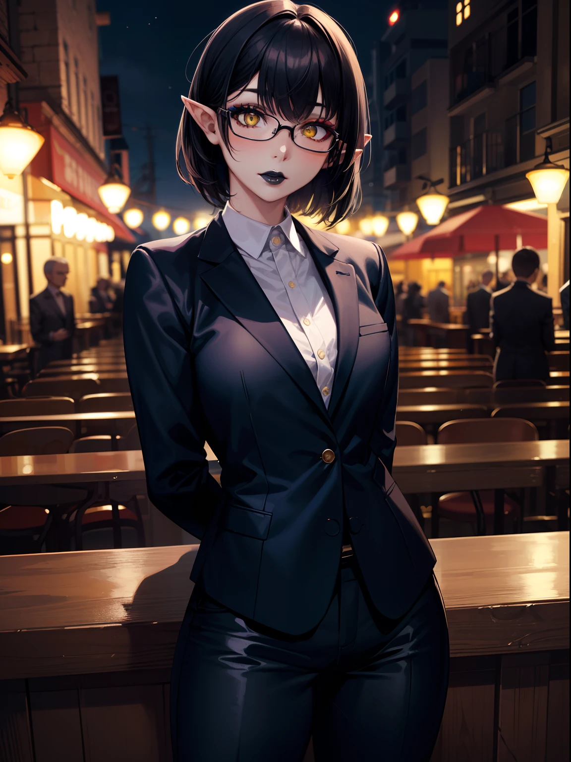 highres, masterpiece, perfect ligthing, bloom, cinematic lighting, adult, perfect skin, female,1girl,solo,black hair,half buzzcut,yellow eyes,pointy ears,makeup, black lipstick ,mature woman, bar,standing,arms behind back,night, glasses, suit,pants,cowboy shot,wind hips