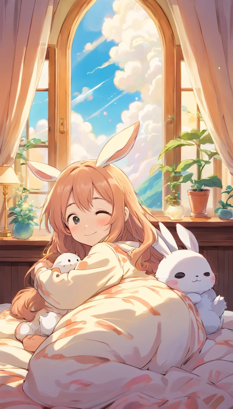 heal,Reject EMO,Very happy,Very happy,Face life with a smile,rays of sunshine,long whitr hair,Cloud pajamas,Lovely cloud pillows,Bunny pillows