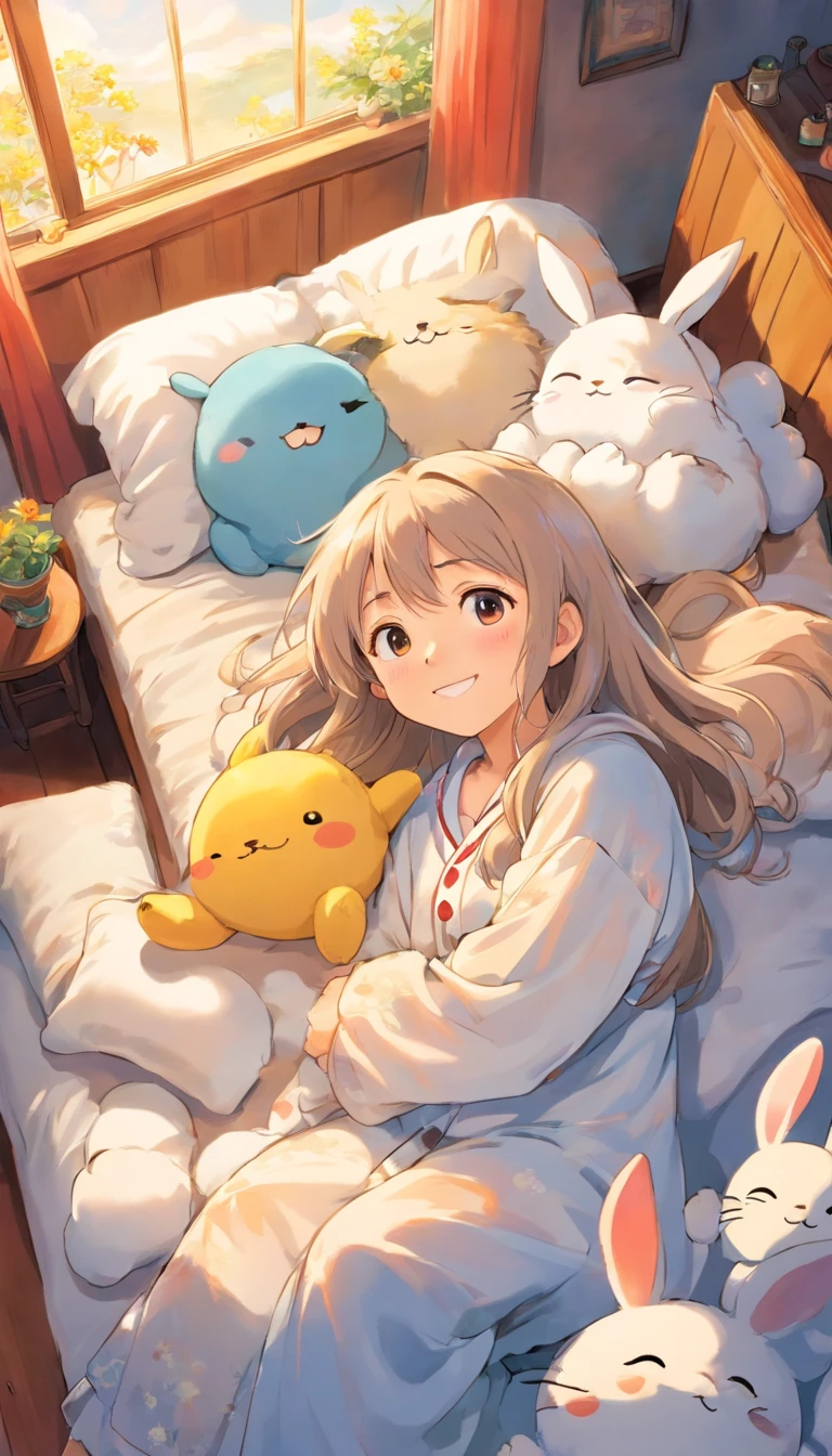 Blonde、cloud、Sleeping on the cloud、smile、close ~ eye、deep sleep、Sleep happily、Pink income、dream-like、One Girl、high school student、Full Body View、barefoot、、Thighs