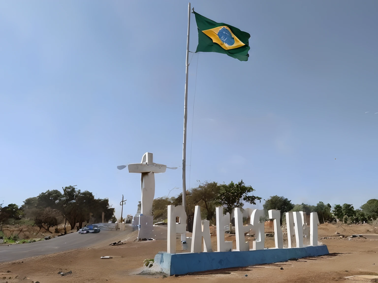 Crie uma imagem pixar de uma bandeira do Brasil, Jesus Cristo e Palestina