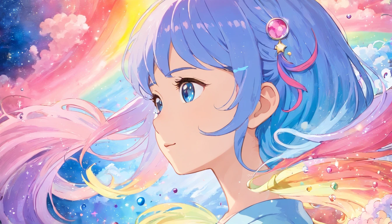 (tmasterpiece,top-quality,best qualityer,aquarelle(Curly),offcial art,Beauty and aesthetics:1.2),(1girl:1.3),Characters shrink,(s fractal art:1.3),full bodyesbian,seen from the side,looking at viewert,patterned,(rainbow colour hair,The color hair,Half blue and half pink hair:1.2),Eau,liquids,clouds,colorful,Starry,As estrelas,