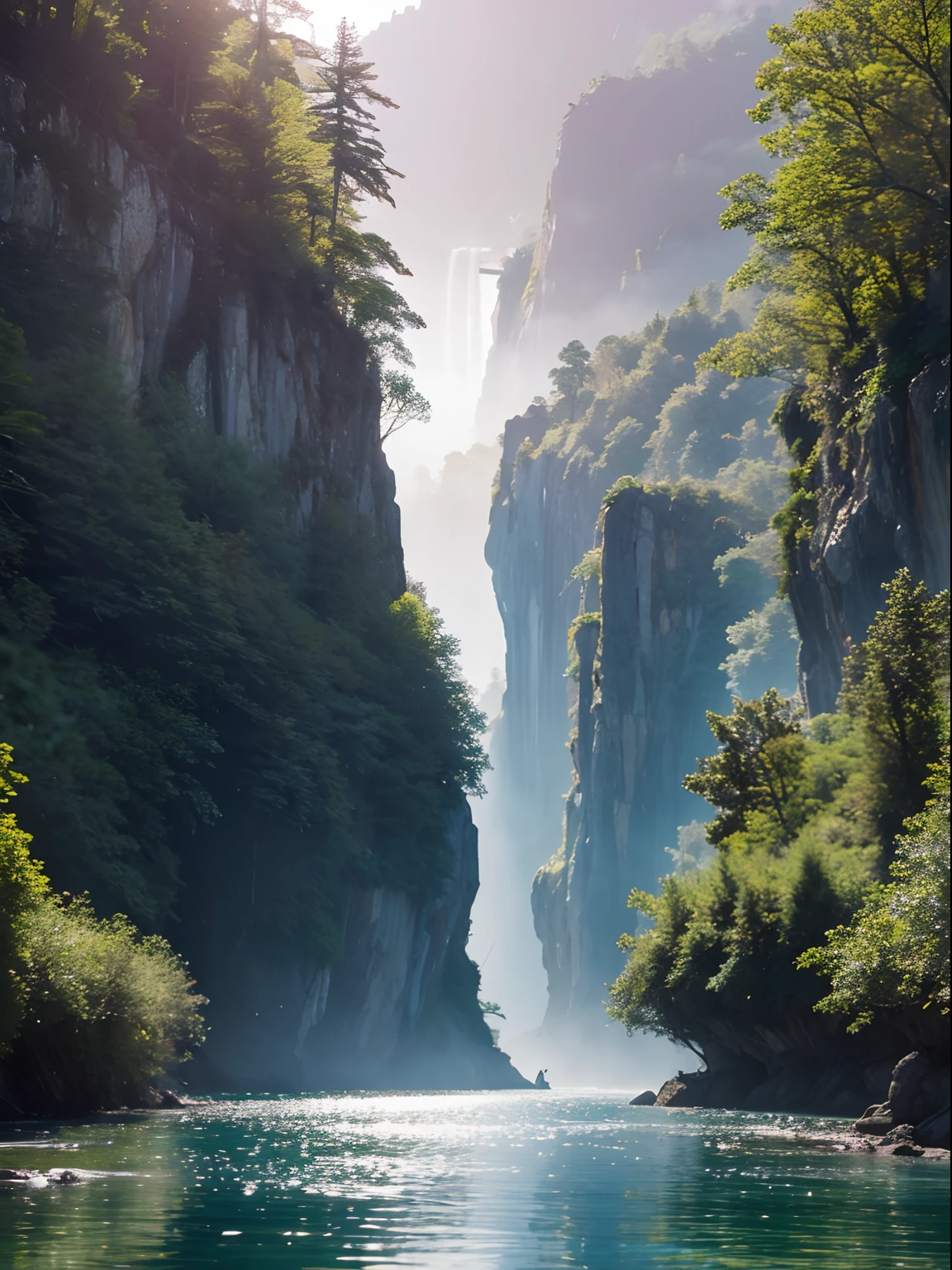 Analog style,ChromaV5,nvinkpunk,(extremely detailed CG unity 8k wallpaper),An image of a majestic river, trees on the sides, tiny waterfall, intense fog ,award winning photography, Chromatic Aberration, Detailed , HDR, Bloom, style by Monet, Pissarro, and Sisley ,trending on ArtStation, trending on CGSociety, art by midjourney