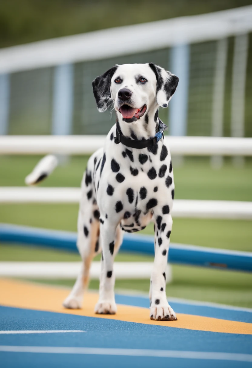 A Dalmatian dog dressed in trendy sportswear and wearing a sports cap, walking on its hind legs on a sports field. The image style is energetic and sporty, with a 4:5 aspect ratio.