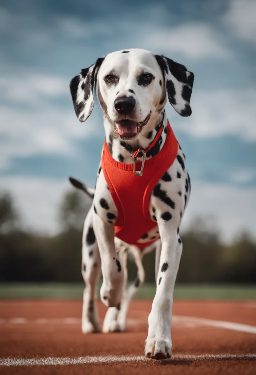 A Dalmatian dog dressed in trendy sportswear and wearing a sports cap, walking on its hind legs on a sports field. The image style is energetic and sporty, with a 4:5 aspect ratio.