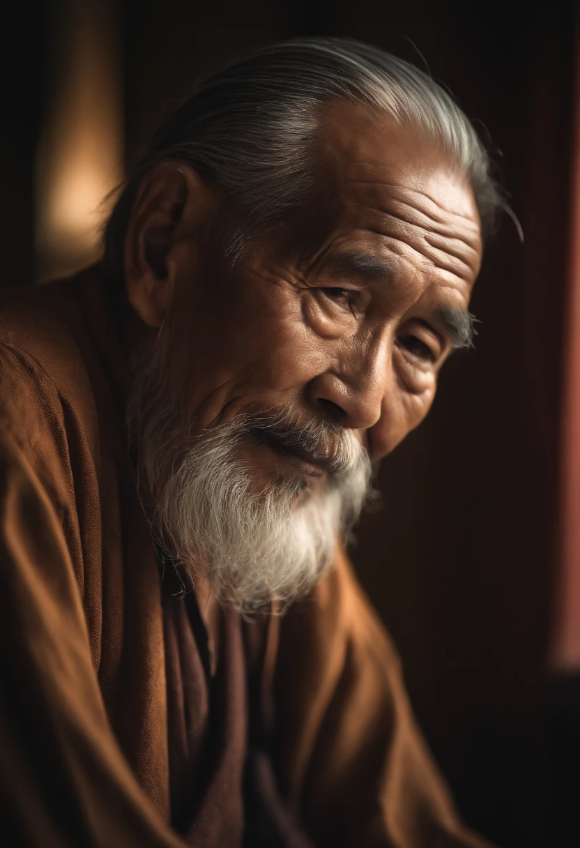 Portrait of an old Thai man, Grey beard and long hair., With linen, And full of wisdom., sit on a chair (bestquality,10,10,highres,masterpiece:1.2), ultra-detail, (Realistic,photorealistic portrait,photo-realistic:1.37), HDR, UHD, studio light, extreme detail description, professional, vibrant colours, bokeh, portraits, Warm colors, gentle lighting.