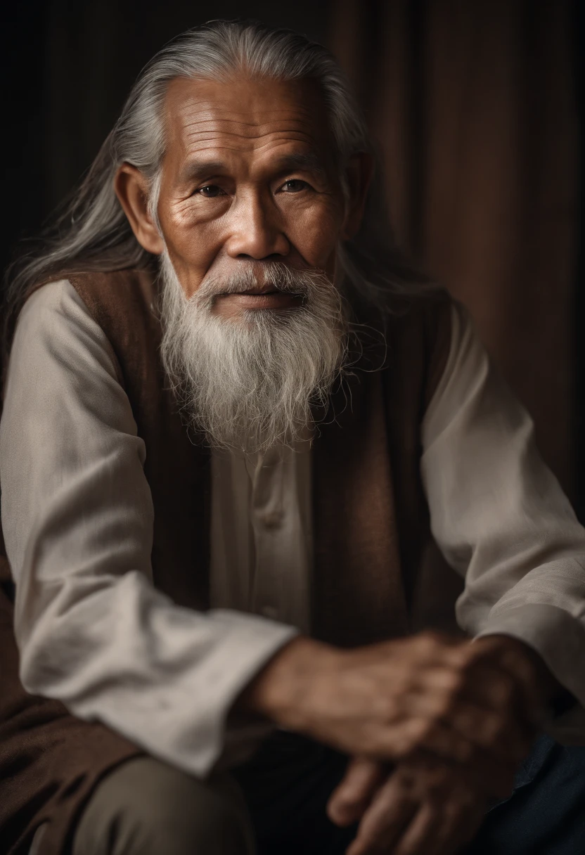 Portrait of an old Thai man, Grey beard and long hair., With linen, And full of wisdom., sit on a chair (bestquality,10,10,highres,masterpiece:1.2), ultra-detail, (Realistic,photorealistic portrait,photo-realistic:1.37), HDR, UHD, studio light, extreme detail description, professional, vibrant colours, bokeh, portraits, Warm colors, gentle lighting.