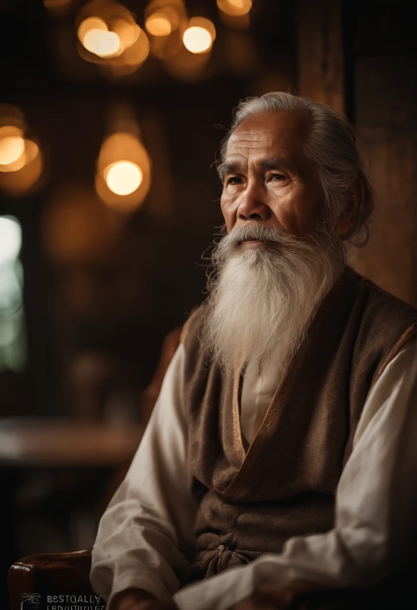 Portrait of an old Thai man, Grey beard and long hair., With linen, And full of wisdom., sit on a chair (bestquality,10,10,highres,masterpiece:1.2), ultra-detail, (Realistic,photorealistic portrait,photo-realistic:1.37), HDR, UHD, studio light, extreme detail description, professional, vibrant colours, bokeh, portraits, Warm colors, gentle lighting.