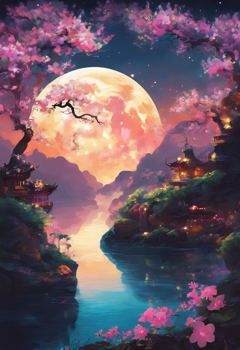 jasmine flowers（Tang Feng），（A cliff illuminated by a huge moon），A poet standing on the edge of a cliff，Cheers to the monthly drink，Ultra-long-range viewing angle