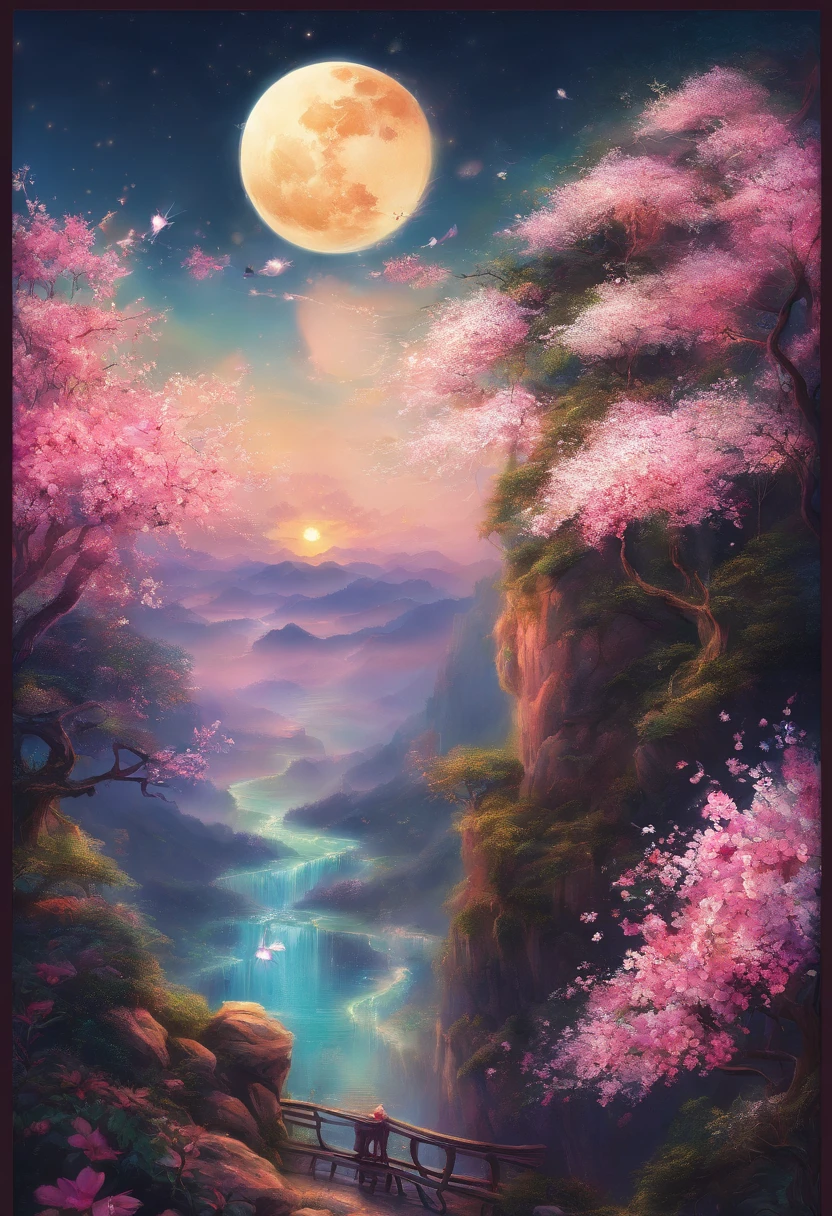 jasmine flowers（Tang Feng），（A cliff illuminated by a huge moon），A poet standing on the edge of a cliff，Cheers to the monthly drink，Ultra-long-range viewing angle