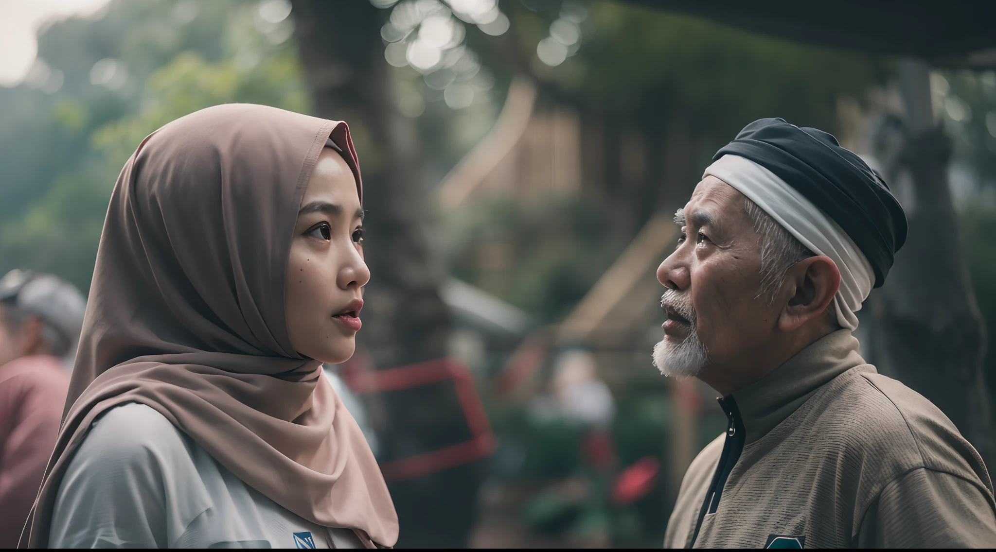 a film still of 1 malay girl in hijab and 1 malay old man in sport attire having an argument in malay village, 35mm, over-the-shoulder shot,cool-toned color grading, depth of field cinematography effect, Natural Lighting, high quality, ultra detail, 8k resolution, --ar 16:9 --seed X