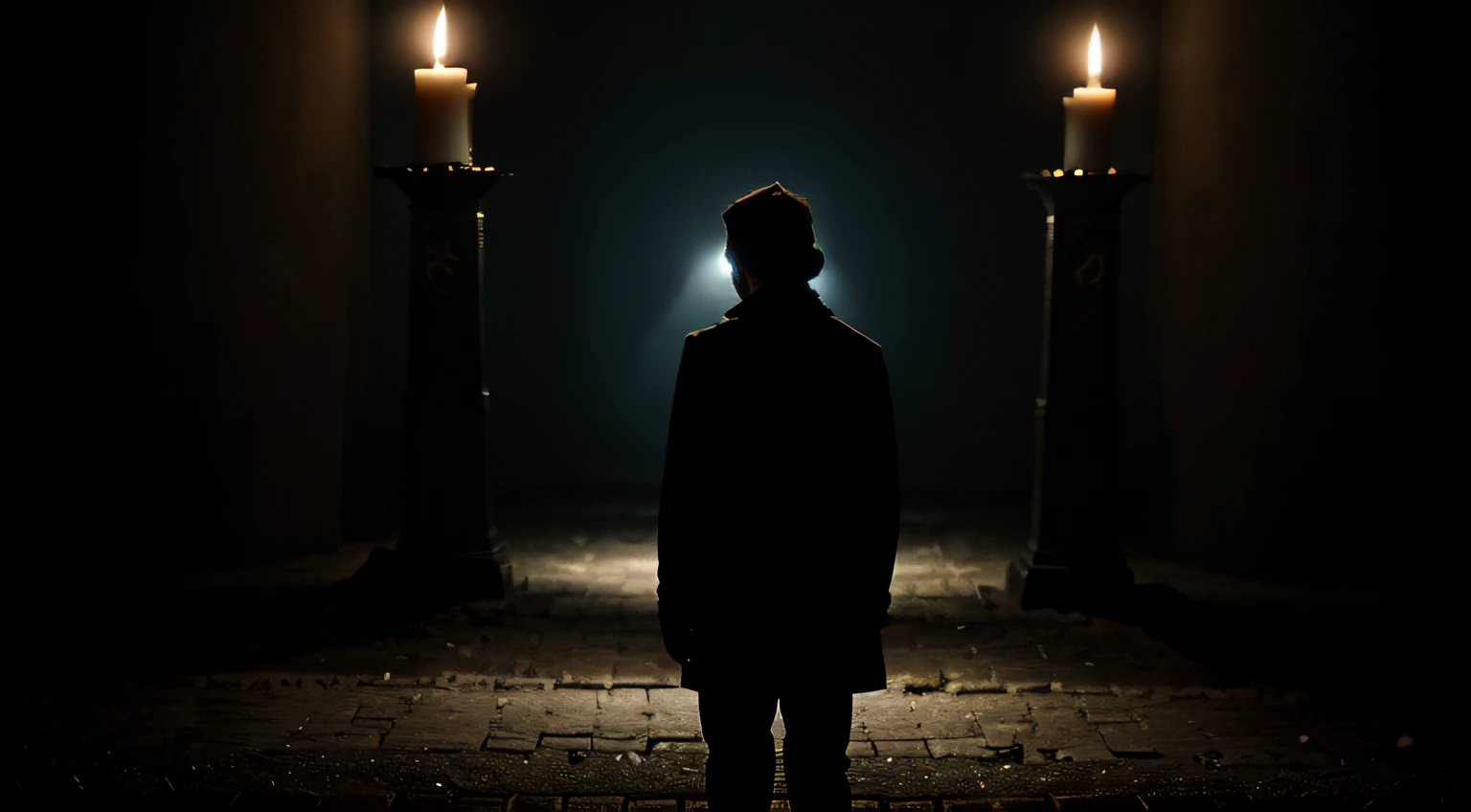 Create an enigmatic, dimly lit scene with shadows obscuring most details. Include a solitary figure shrouded in darkness standing at the center, partially hidden from view, as if concealing a deep secret. The faint glow of a single candle could cast eerie shadows across their face