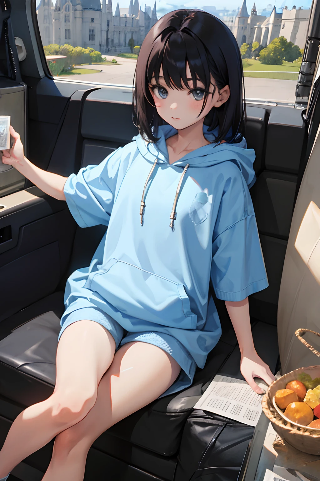 ,(masterpiece,Highest Quality),Light blue hoodie with short sleeves,A dark-haired,Castles