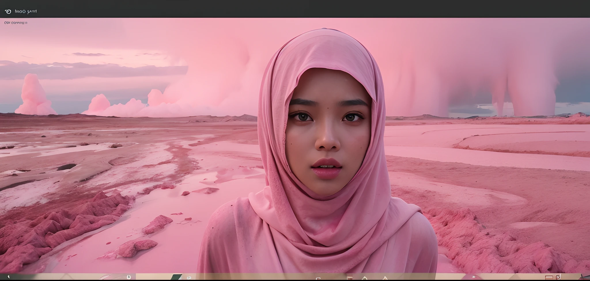 Cinematic close - up, a malay model in hijab covered in pink mud infront of a pink geyser, pink explosion at the back, icelandic landscape, cinematic contour lighting, highly detailed, 28mm lense, Establishing shot, muted color grading, cinemascope, thriller, muted colors, chromatic aberration --ar 21:9  --v 5.1