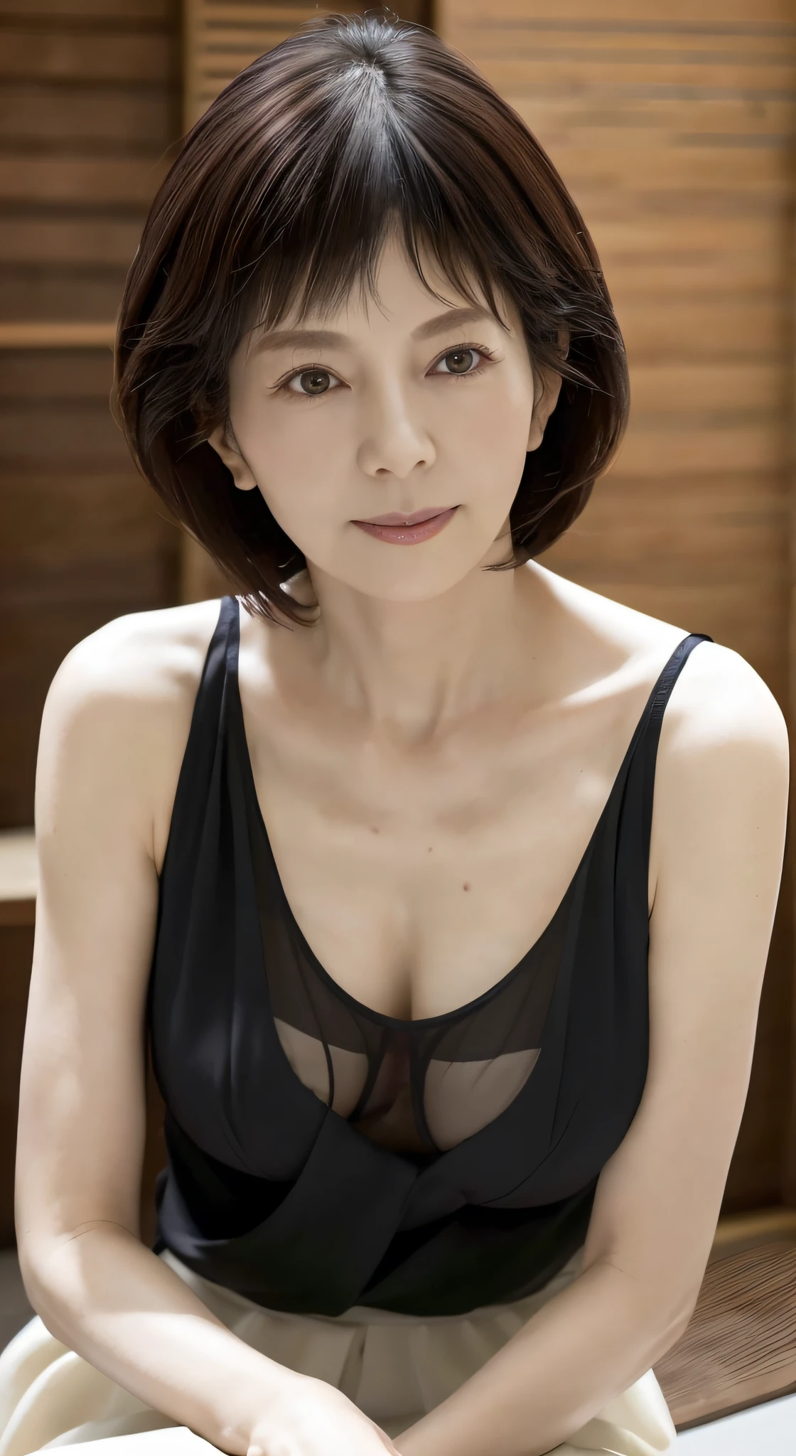 japanes, femele, 58 years old, Mature, Shorthair, Black hair, Black eyes, Wrinkles in the eyes, with nasolabial fold, Colossal tits, are protruding, A sexy, Best Quality, masuter piece