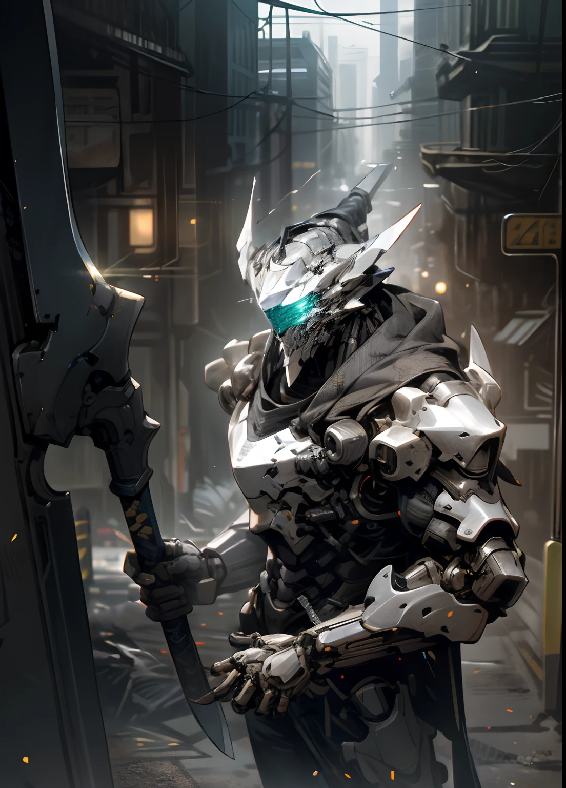 ciberpunk, 1male, Cybernetic guardian, Knight's Mechanical Armor, Silver & Chrome Colors, Two-Handed Axe, Surrounded by buildings, The city, neonlight, topquality, hight resolution, hyper detailed
