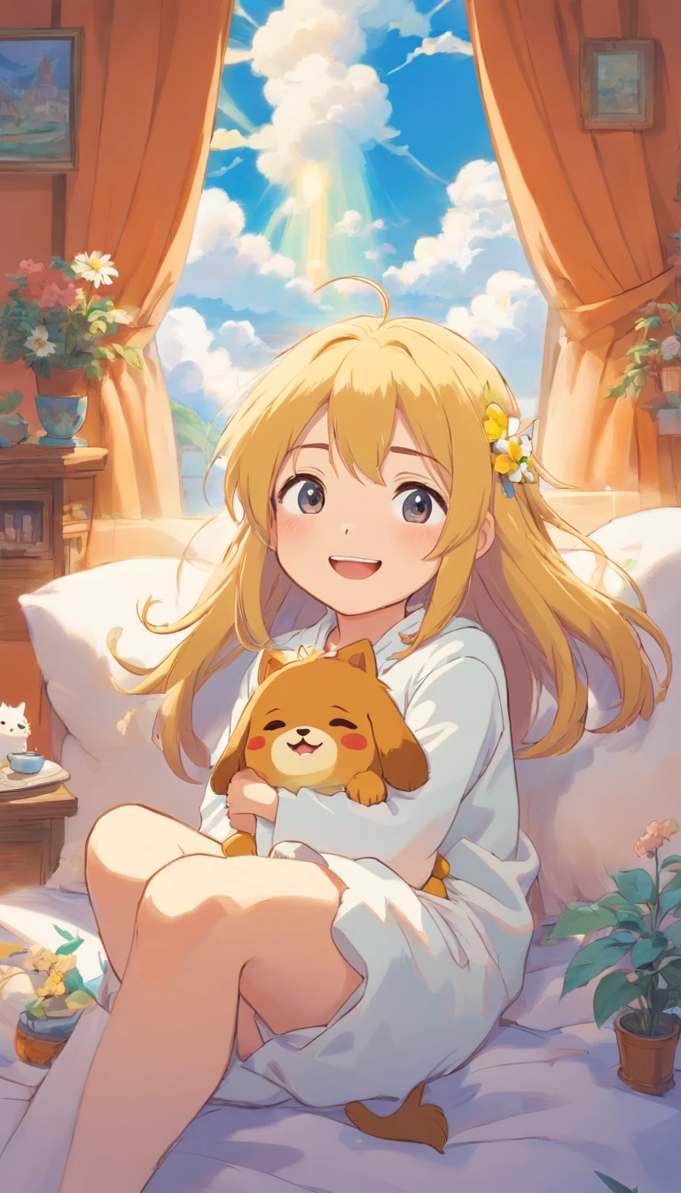 heal,Reject EMO,Very happy,Very happy,Face life with a smile,rays of sunshine,long whitr hair,Cloud pajamas,Lovely cloud pillows,Puppy pillows