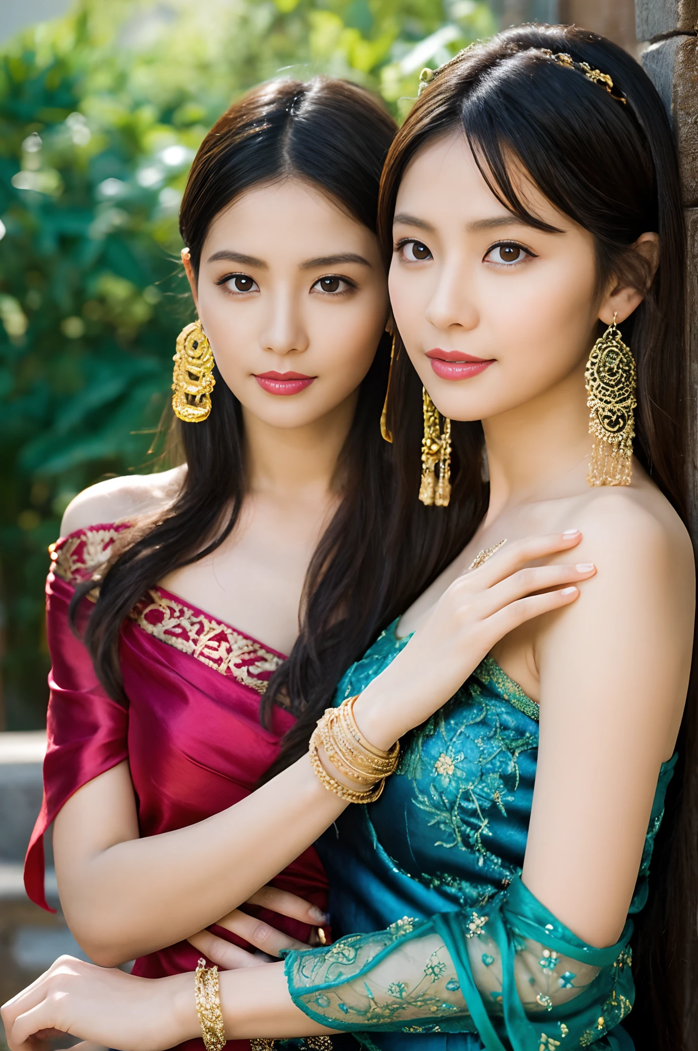 The proportions are the same for all races, All faces and pictures must be different,portrait of two vibrant exotic goddesses,silk lace,Embroidery,armlets, bangle:1.3,Ancient hair accessories,