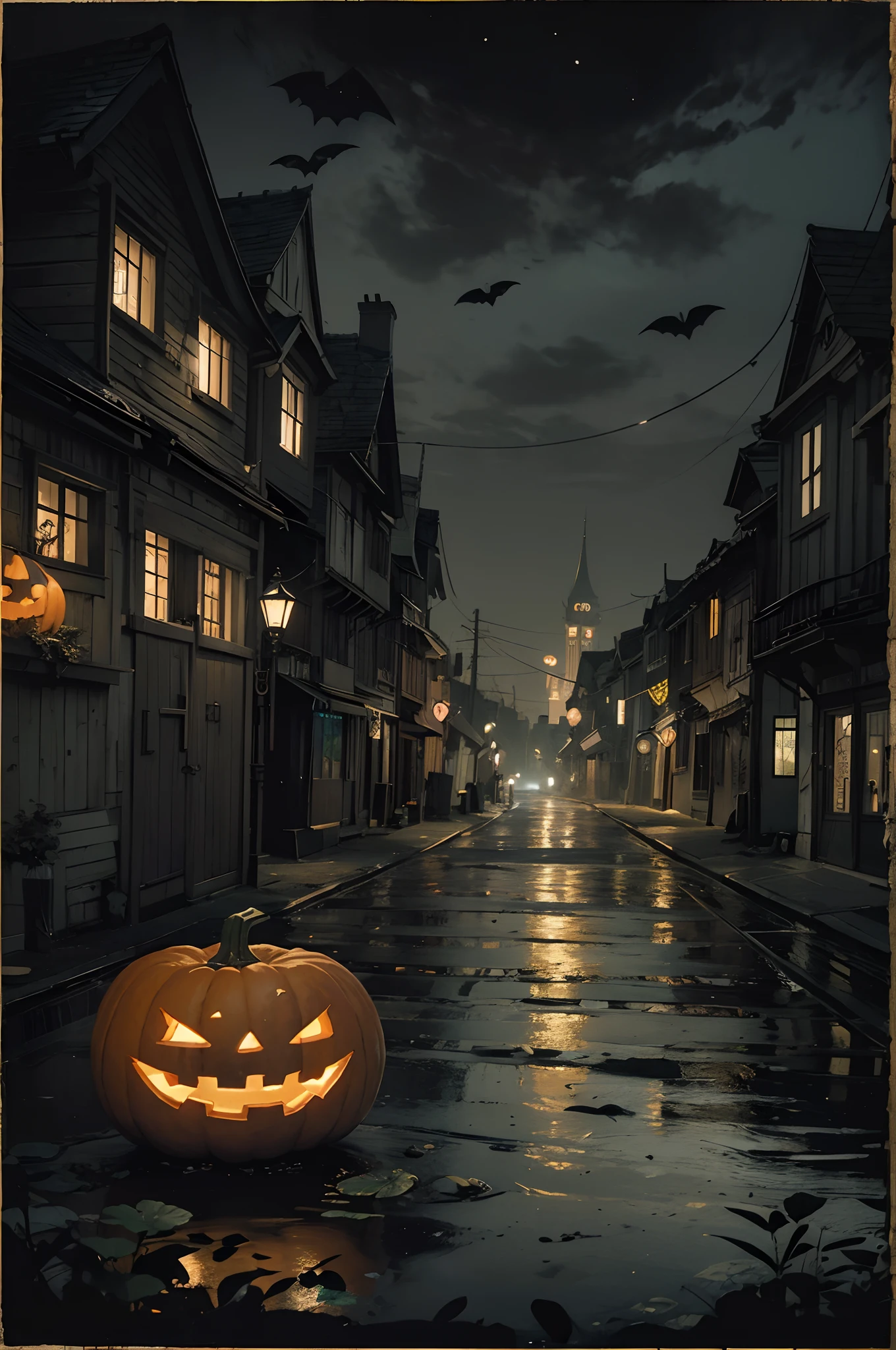 In the city of pitch black、A jack-o'-lantern dimly lit by an oil lamp. Jack-o'-lantern floating in the dark night city、Make them feel scared.Artist uses blotting ink、Blurry image borders, Combination with delicate brushwork、Expressing the details of a picture. It's incredibly beautiful. Beautifully expresses the shades of black ink.