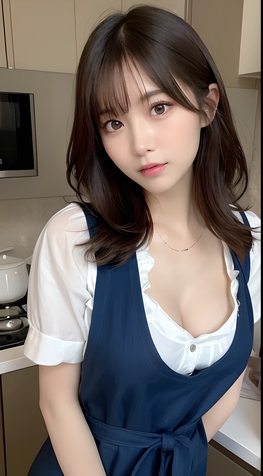 masutepiece, Best Quality, Illustration, Ultra-detailed, finely detail, hight resolution, 8K Wallpaper, Perfect dynamic composition, Beautiful detailed eyes, Tight Mini,Medium Hair,small tits,Natural Color Lip, Randomly sexy poses,kitchin、20 years girl、Cute、Sexy shot looking at camera,Apron,Perfect, Beautiful and cute face