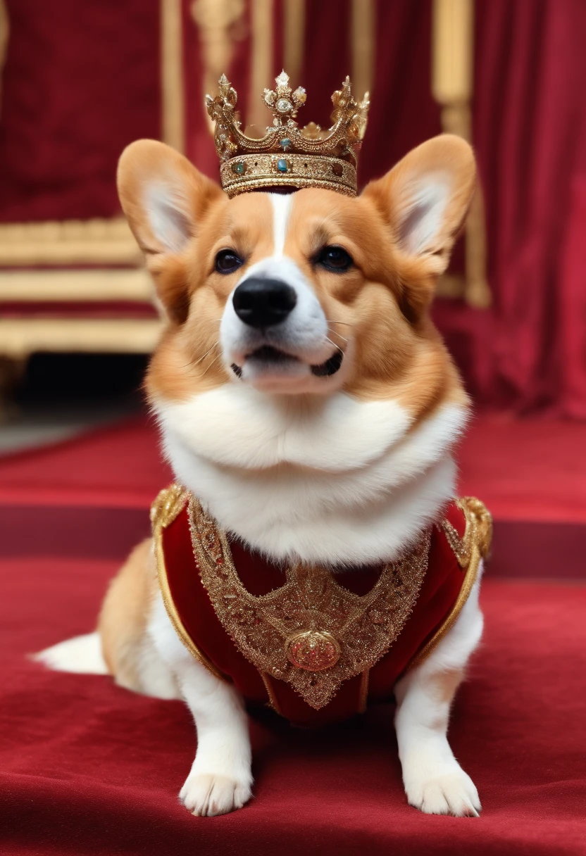 A Corgi dressed in prince attire and wearing a small crown, standing on a red carpet. The image style is royal and elegant, with a 4:5 aspect ratio.