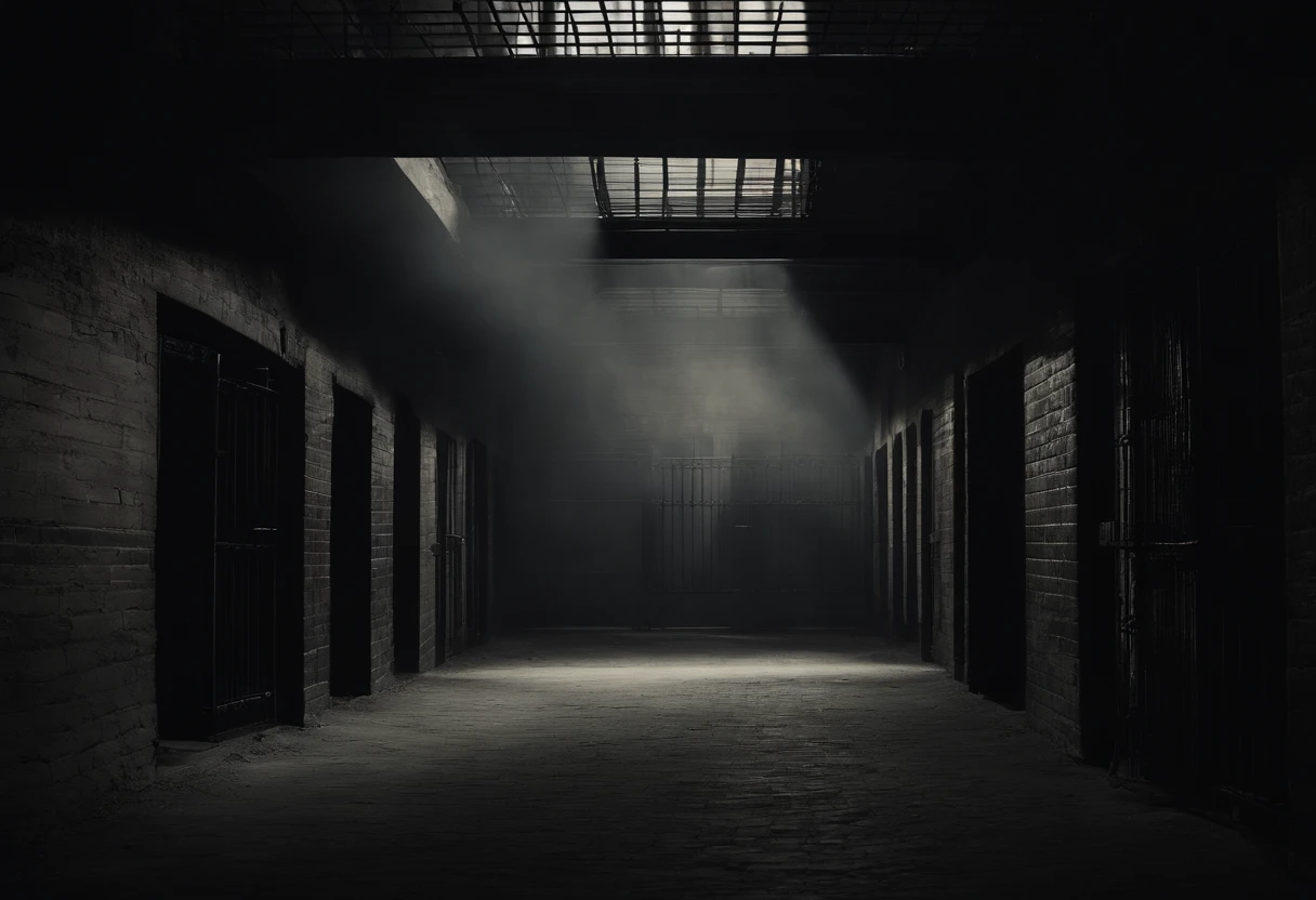 Liminal space, prison courtyard, empty, scary, dark, intricate linework, dreadful feeling, fear, scary