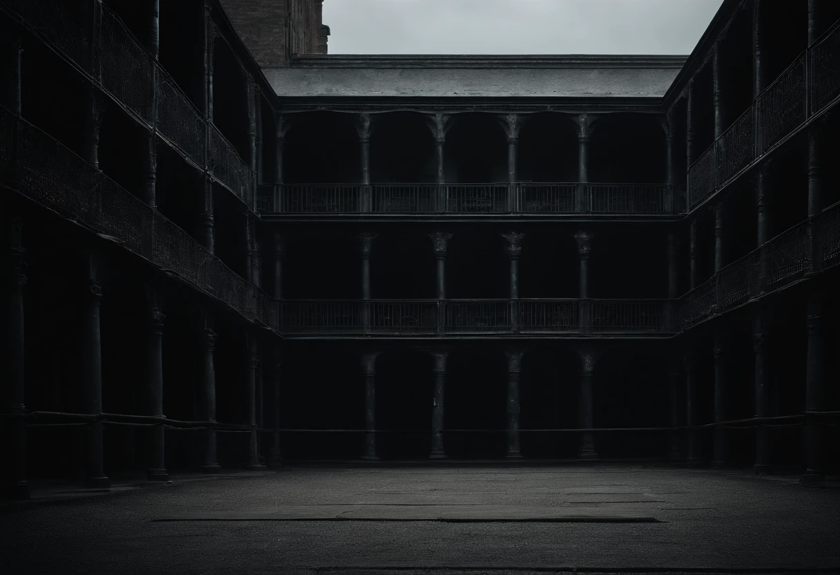 Liminal space, prison courtyard, empty, scary, dark, intricate linework, dreadful feeling, fear, scary