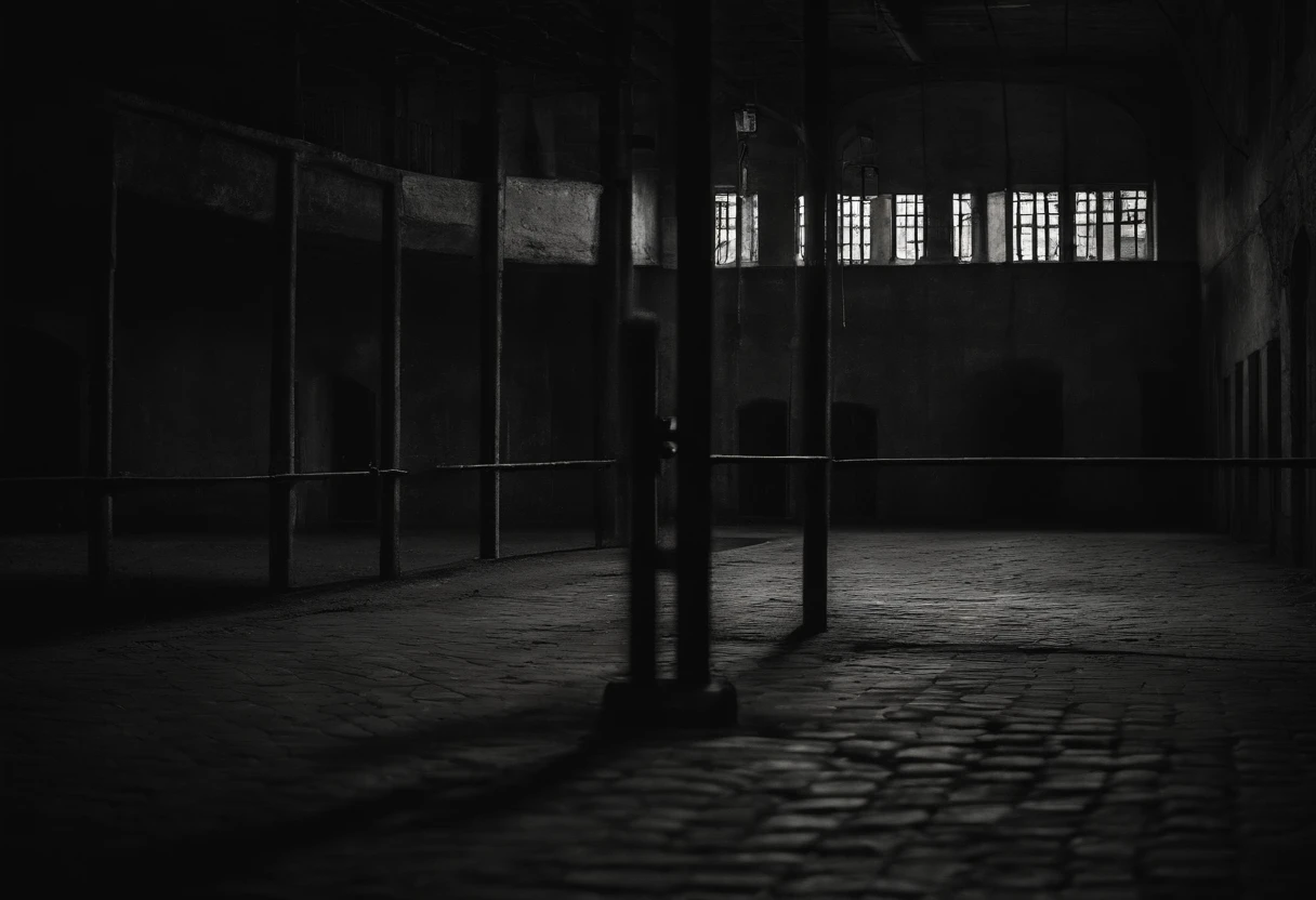 Liminal space, prison courtyard, empty, scary, dark, intricate linework, dreadful feeling, fear, scary