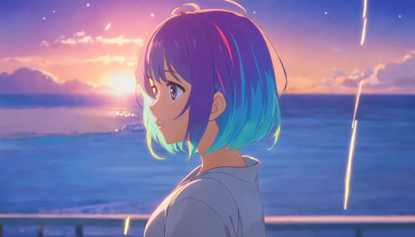(tmasterpiece,top-quality,best qualityer,aquarelle(curly),offcial art,Beauty and aesthetics:1.2),1girll,Characters shrink,The upper part of the body,seen from the side,looking at viewert,Patterned,(rainbow colour hair,The color hair,Half blue and half pink hair:1.2),Eau,liquids,clouds,Colorful,Starry,As estrelas,