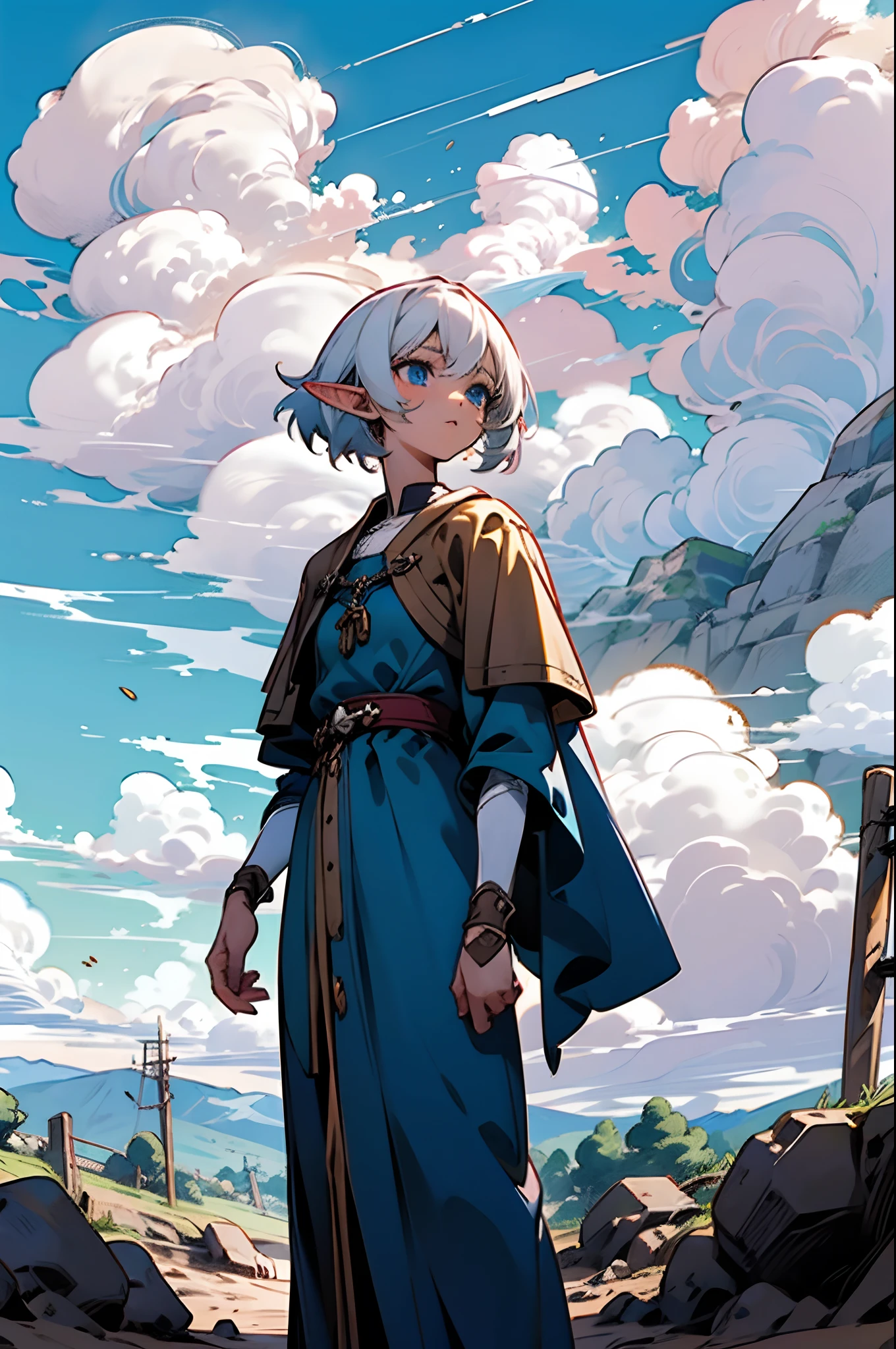 Anime elf girl with white hairs and blue eyes. Wearing blue medieval dress. Standing at the dirt road. Medieval city. masterpiece, 8k, ultrasharp, supersharp, perfect anatomy, perfect body, cute face, blue sky, clouds, realistic godrays,