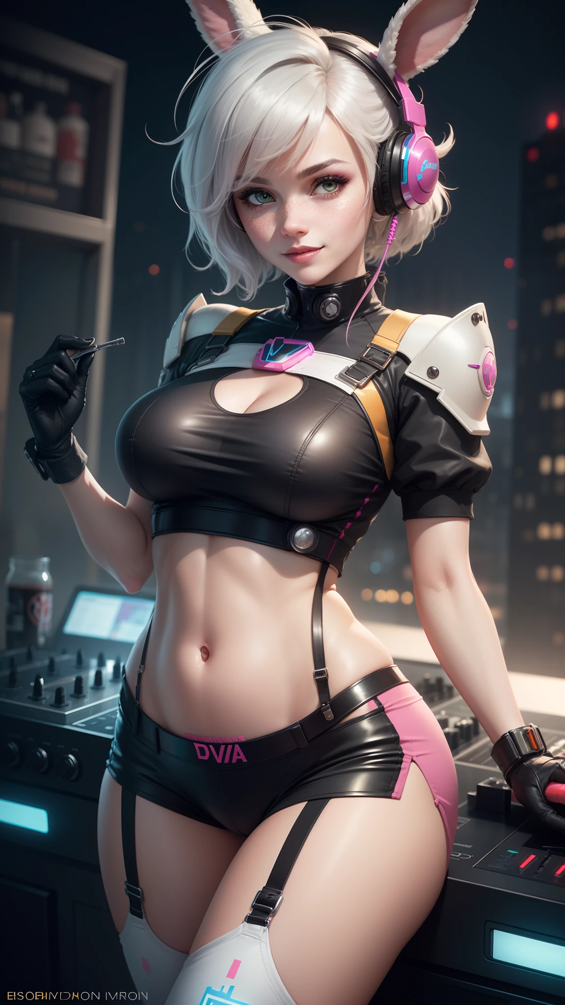 gwen tennyson,d.va,tracer,y'shtola rhul, lumine,nier automata,overwatch,close up,mecha pilot,night club,tattoos,pink and silver plugsuit,white short sleeve techno top,steel techno shorts,garter belt,uncovered belly,short hair,cute makeup,green eyes,dimensional golden hair,sexy smile,freckles,beautiful girl,large breasts,8k,ultra detailed, realistic,fantasy art,glowing pink techno armor,dj mixer,dj headphones,big speakers,bunny uniform,ear piercings, saiyan girl,saiyan female,pink short sleeve techno jacket,