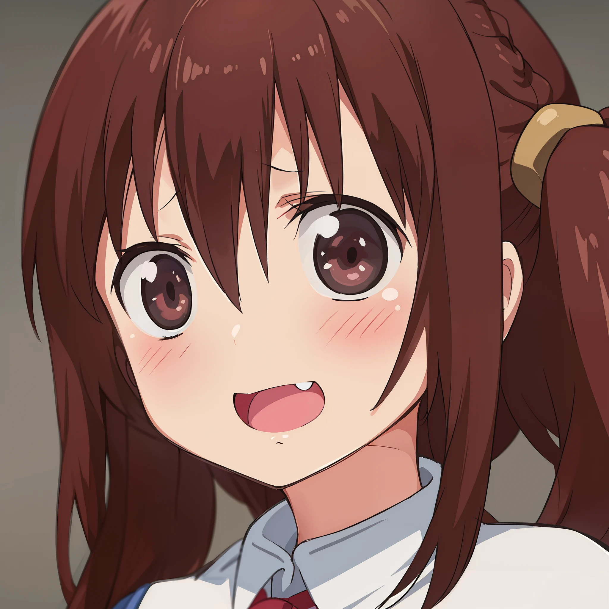hiquality, tmasterpiece (one girls) brown-hair. brown eye. ponytails on the hair. Rubber. high school uniform. shy face. against the background of the Street.