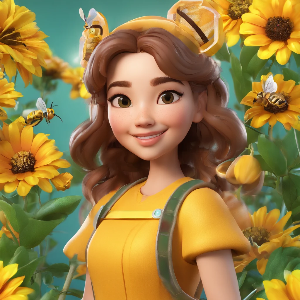 Honeybee with super cute human girl face, Bright eyes, The face is human, the body is a bee、Glossy and delicate,(Background of the flower garden), Good luster, 3d rendered,Best Quality、I love to have fun and play in the flower garden
