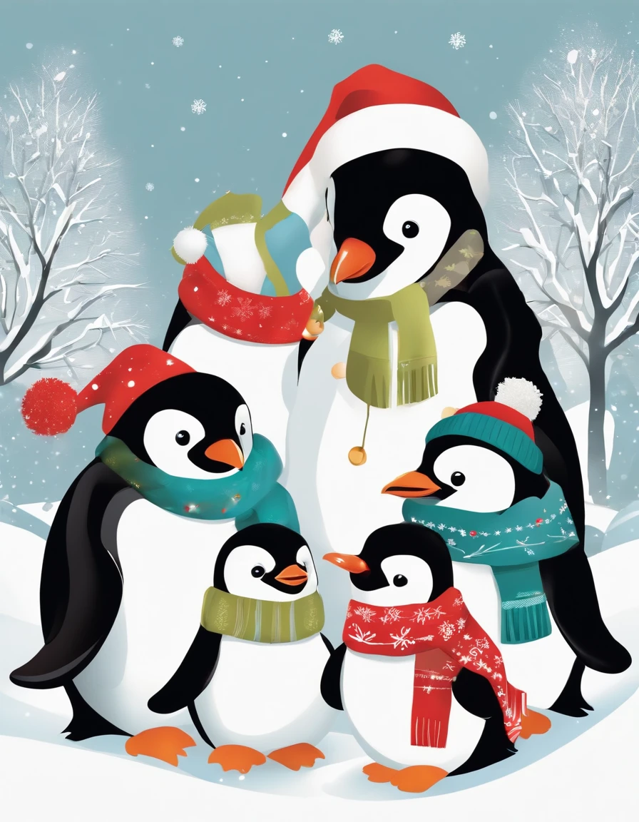 "Design a heartwarming Christmas illustration featuring a group of cheerful penguins adorned in festive scarves and hats, exchanging gifts in a snowy wonderland. Use a soft color palette, and emphasize the joy and camaraderie of the holiday season