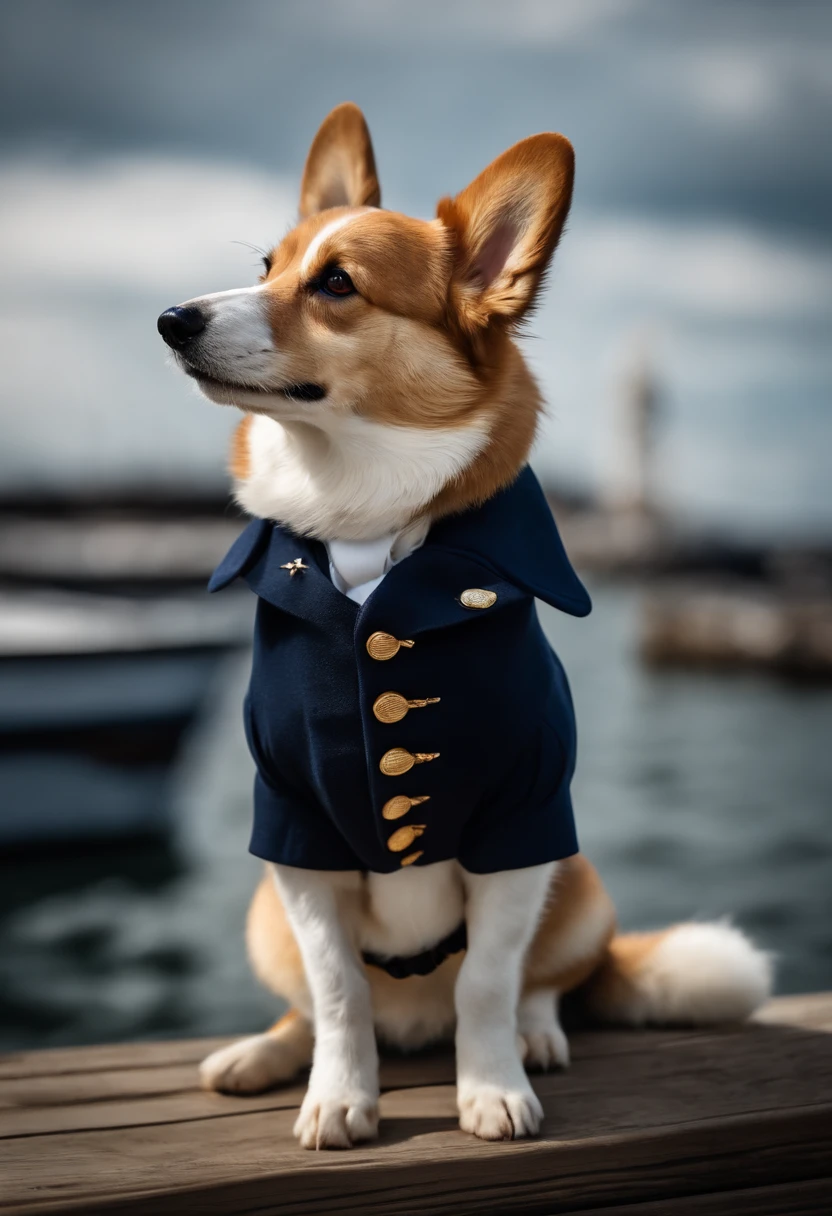 A Corgi dressed in a navy uniform and wearing a small hat, standing by the harbor. The image style is nautical and adventurous, with a 3:4 aspect ratio.