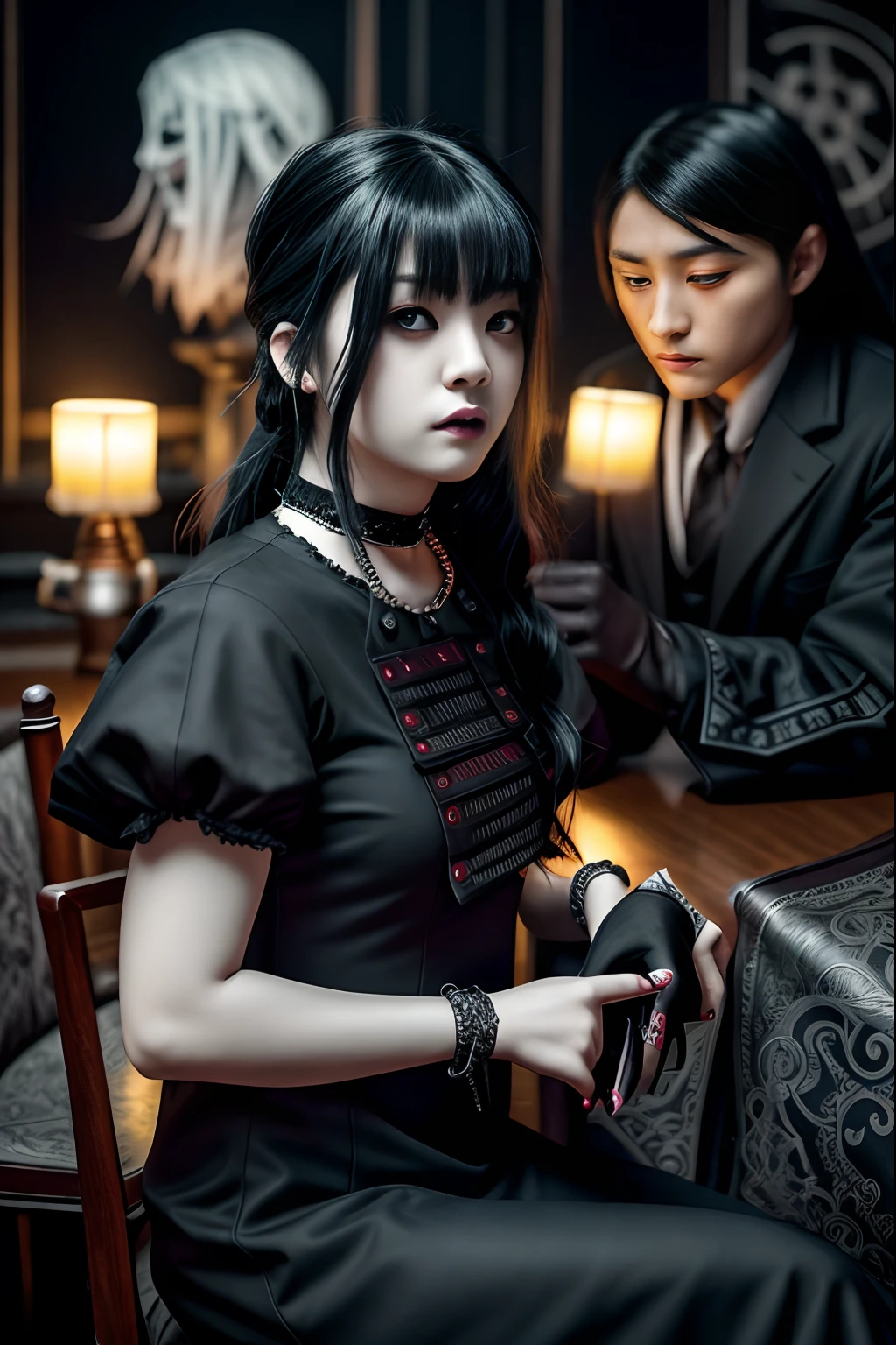 arafed image of a woman with long hair and a choke, cruel korean goth girl, gothic aesthetic, ominous gothic aesthetic, artwork in the style of guweiz, 1 7 - year - old anime goth girl, dark and horror style, dark fantasy style, neo goth, dark art style, goth girl aesthetic, gothic horror vibes, goth aesthetic