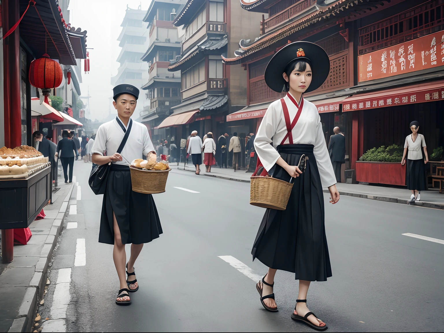 Short and thin man,Wear open-toed shoes with broken shoes,Carrying two baskets of baked cakes,Hawking along the streets,Chinese outfit,east asian architecture,the street,(tmasterpiece,best qualtiy,VerydetailedCG,Complicated details:1.2)