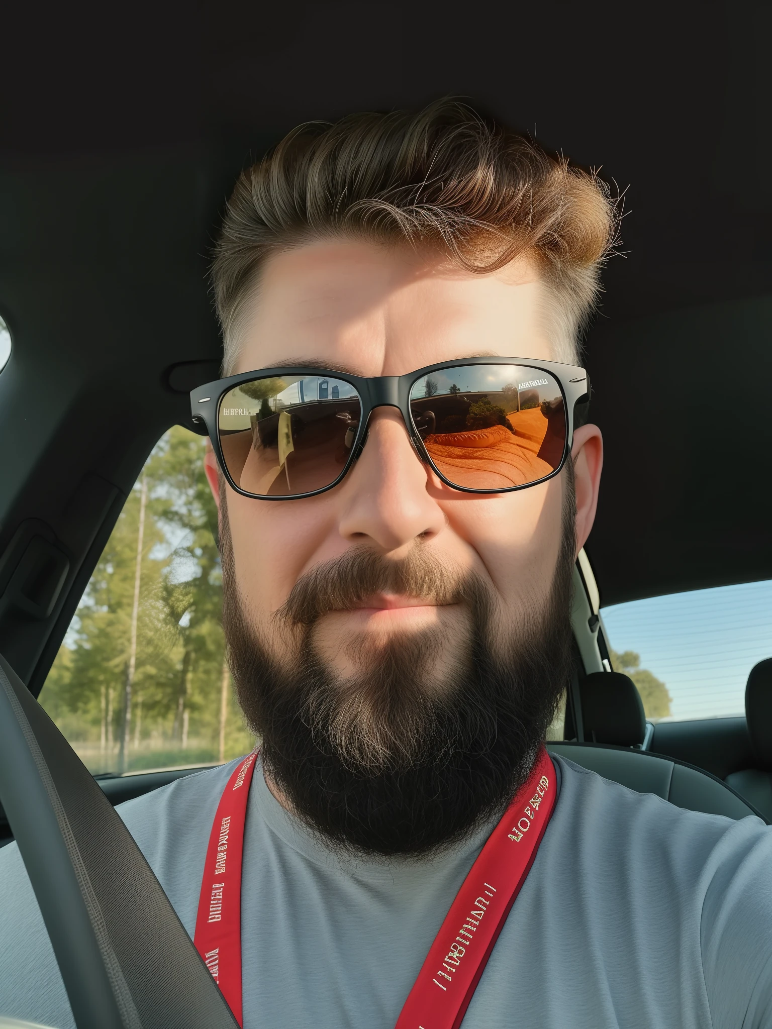 There's a man with a beard and sunglasses in a car, cerca de 3 5 anos, 3 2 anos, with glasses and goatee, Fotografia selfie 8k, 2 9 anos, 3 6 anos, 2 8 anos, taken in the early 2020s, bearded and built, barba arrumada, 60 anos